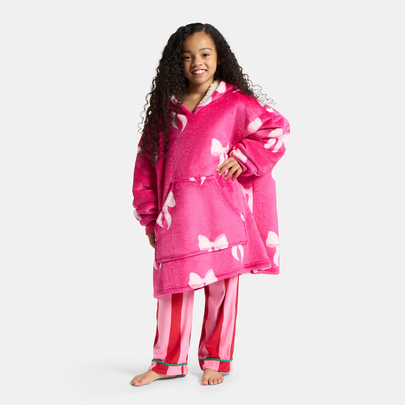 OHS Bows Print Hooded Blanket Adult Kids Sherpa Lined Winter Family Hoodie