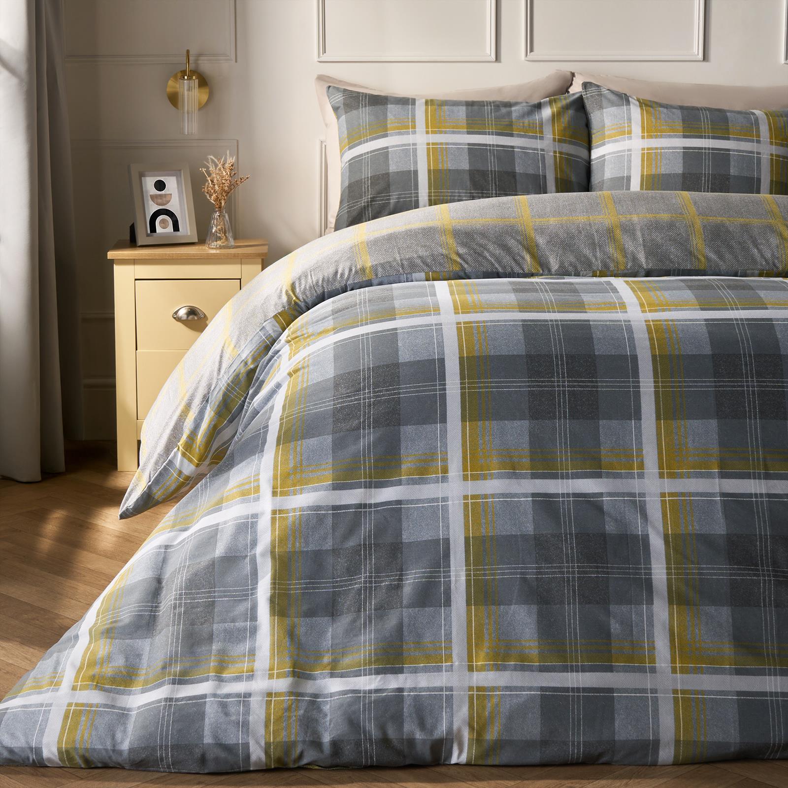 OHS Denim Check Duvet Cover with Pillowcase Tartan Bedding Set Ochre Grey