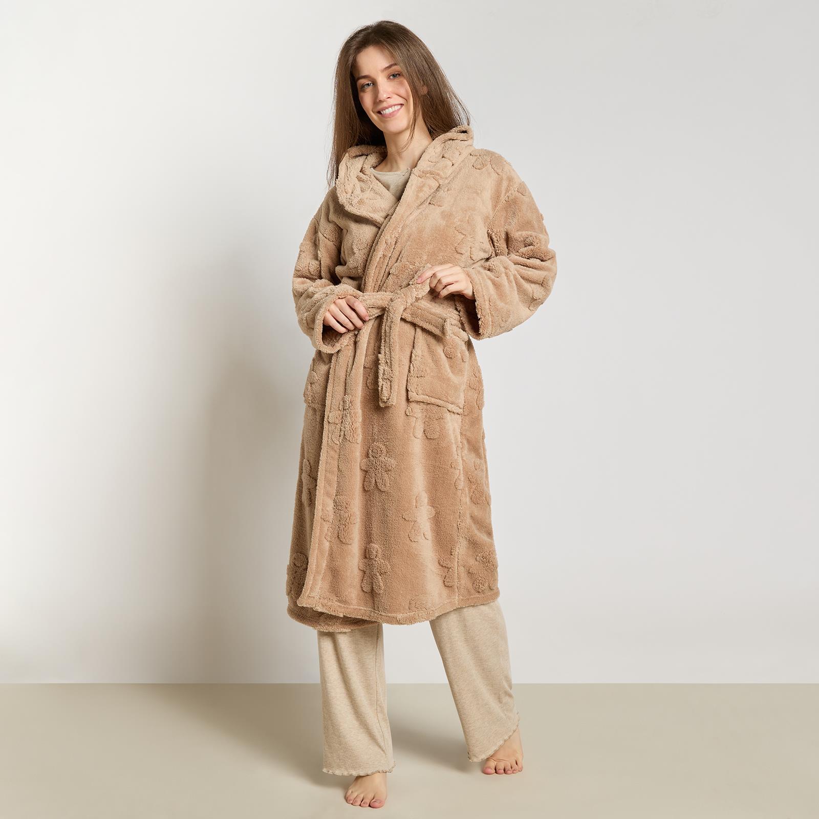 OHS Tufted Dressing Gown Soft Fleece Robe Thermal Bathrobe Hooded Loungewear