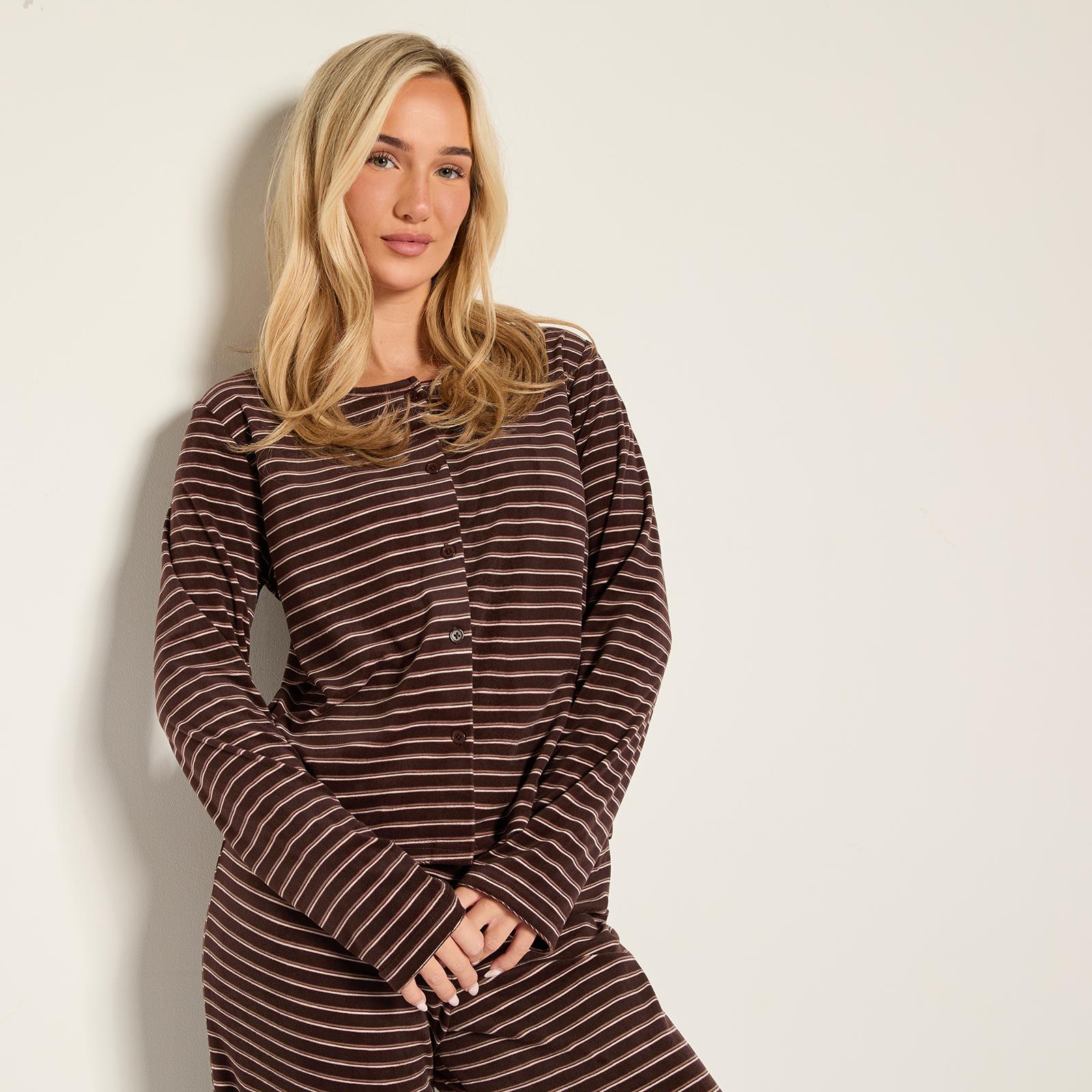 OHS Matte Velvet Loungewear Co-Ord Set Stripe Print Button Through Nightwear