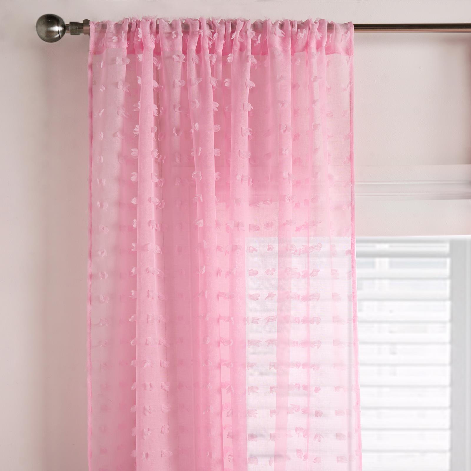 OHS Pompom Tufted Voile Net Curtains Pair 2 Window Panels Slot Top Set 55