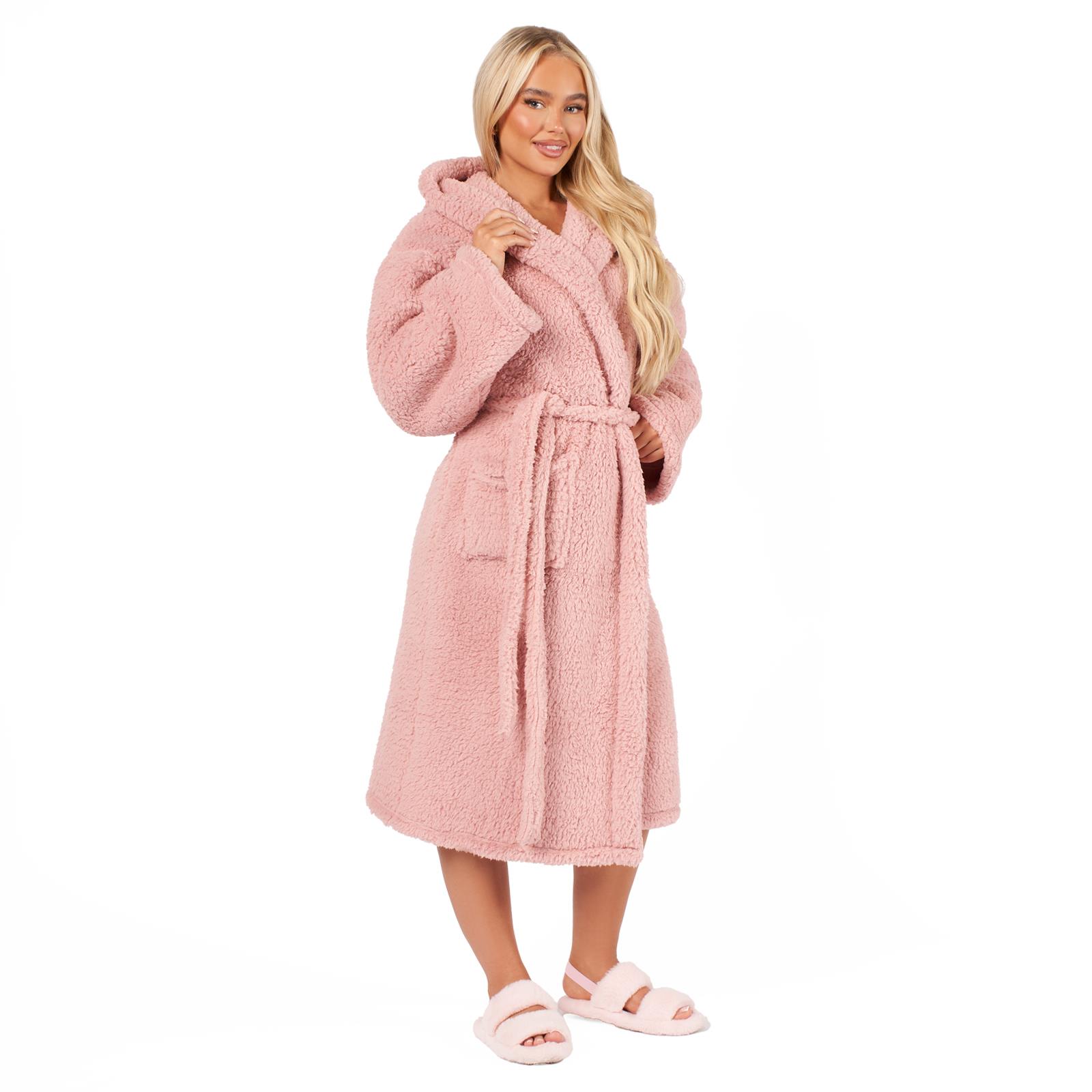 Teddy Fleece Long Dressing Gown Ladies Warm House Coat Hooded Long Cosy Robe - Picture 11 of 17