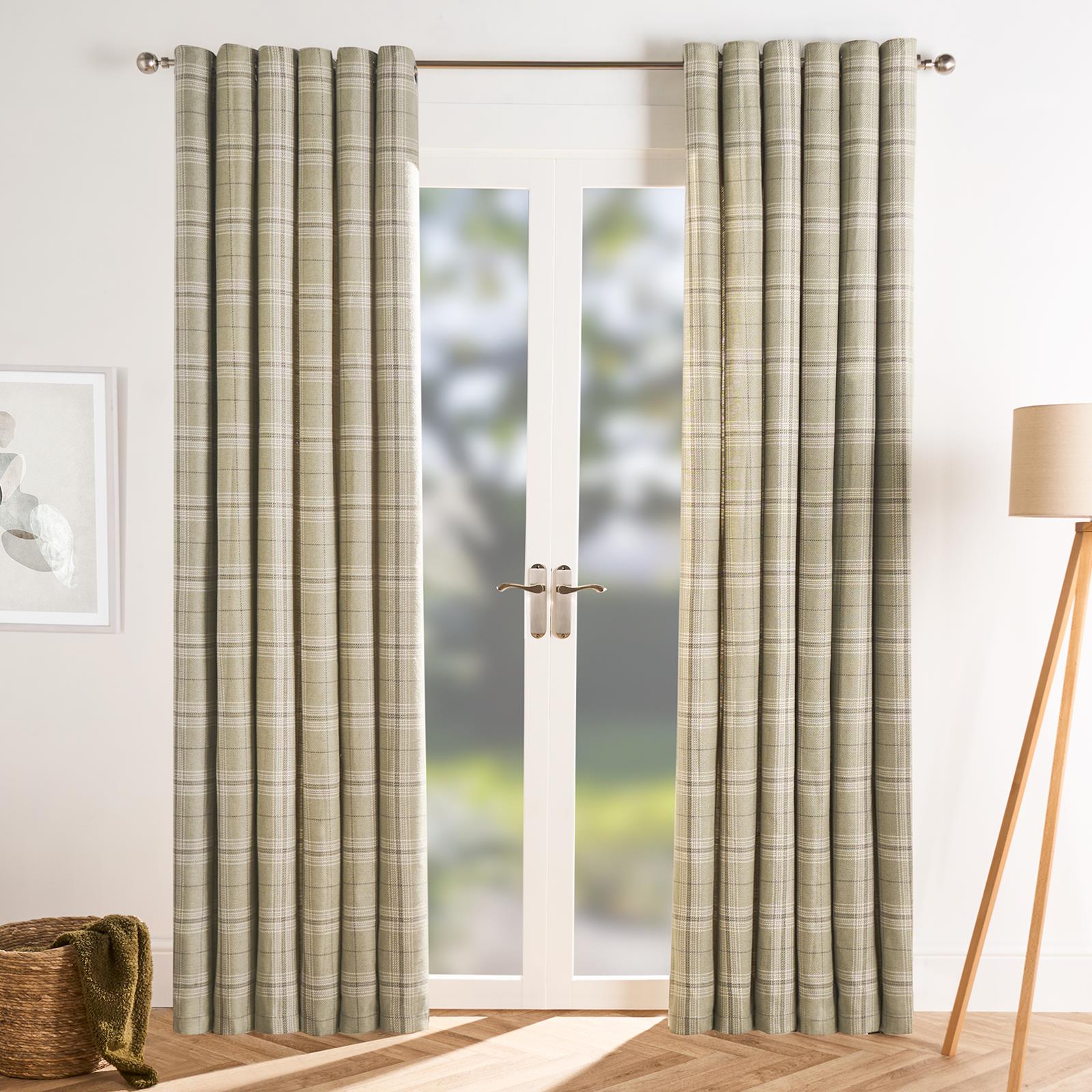 OHS Check Eyelet Curtains Pair Thermal Ring Top Textured Woven Ready Made