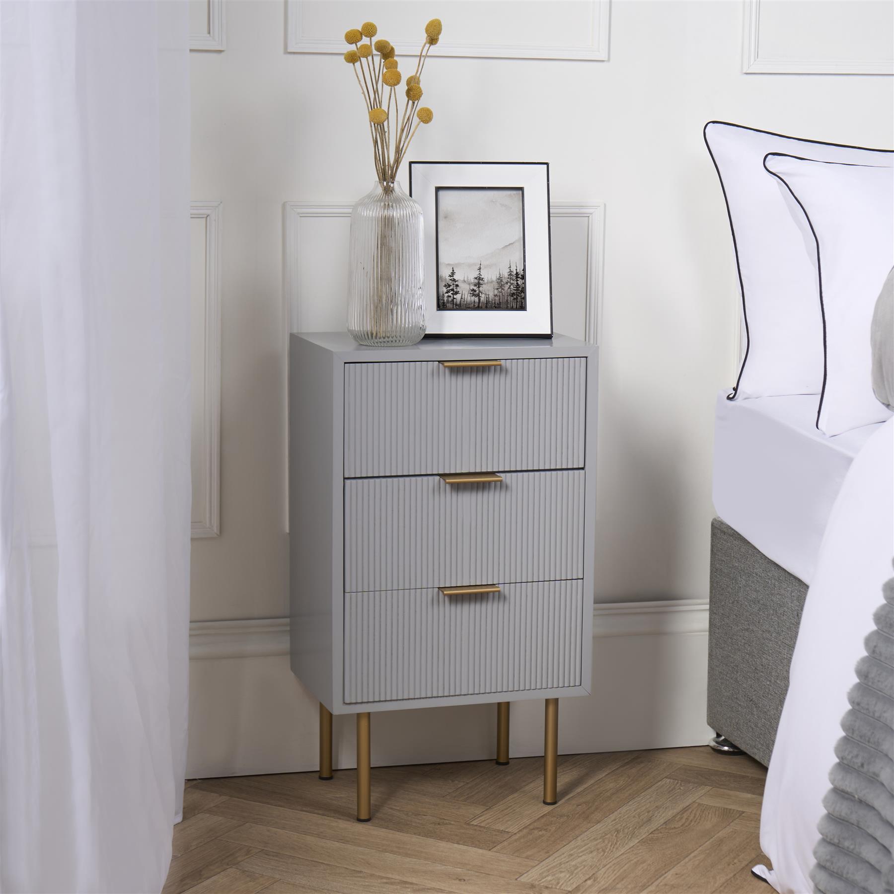 Ribbed Bedside Table Modern Bedroom 3/4 Draw Office Nightstand Living Room Unit - Picture 19 of 71