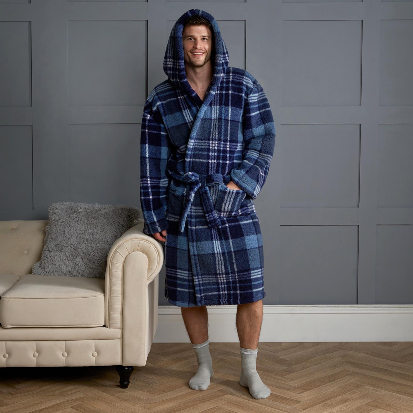 OHS Teddy Dressing Gown Tartan Check Soft Unisex Hooded Xmas Loungewear Robe