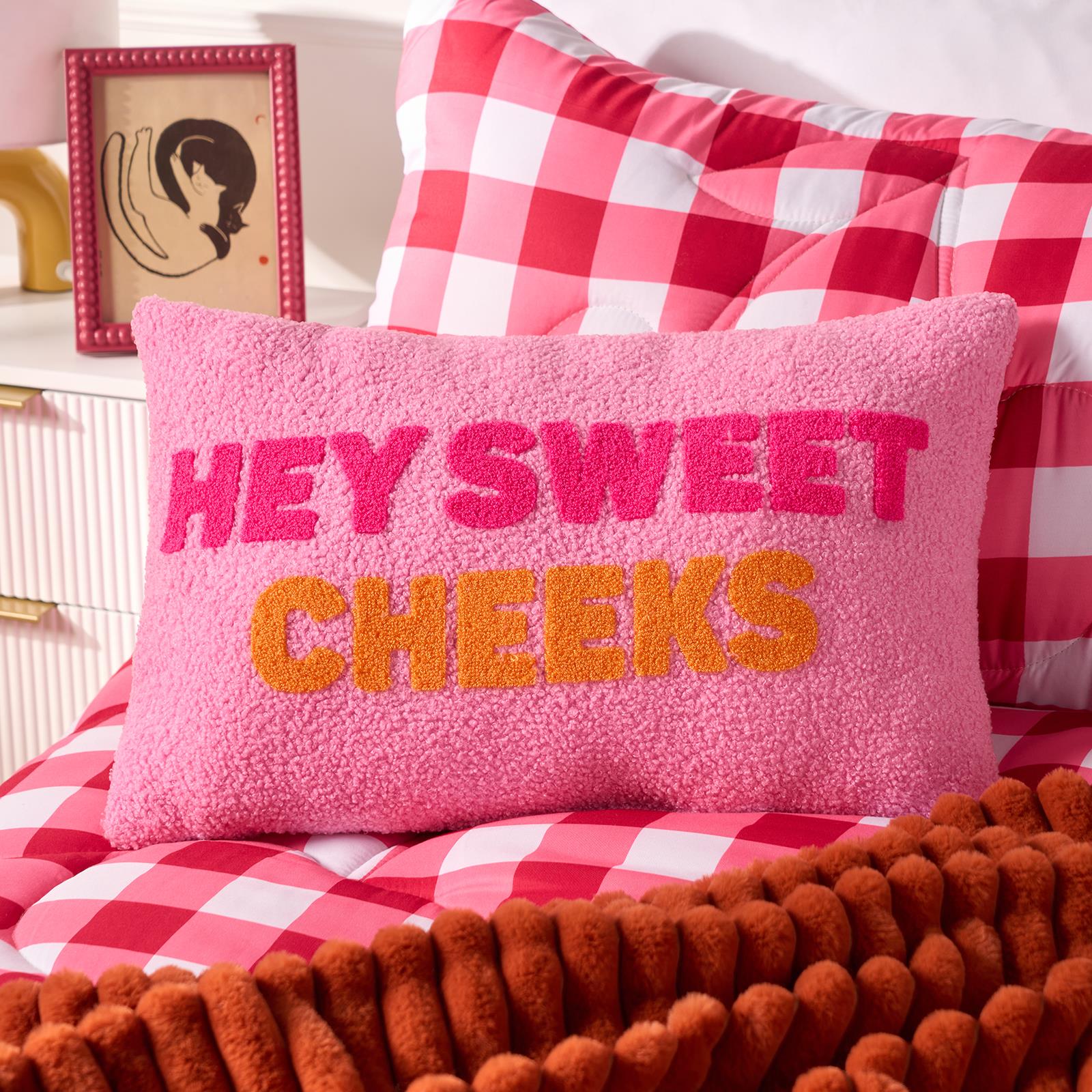 OHS Slogan Scatter Pillow Hey Sweet Cheeks Boucle Filled Cushion Back Support