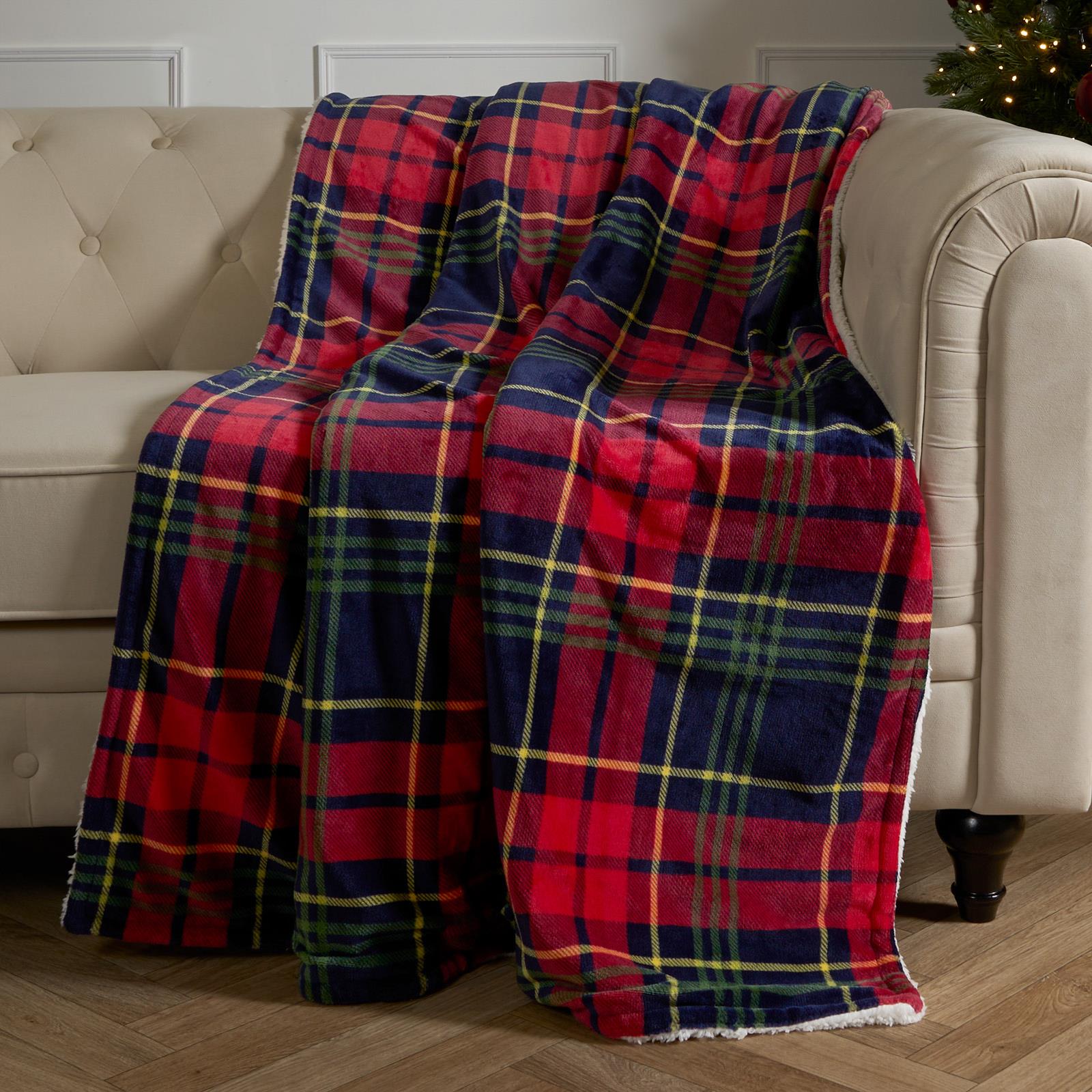 OHS Tartan Throw Sherpa Fleece Plush Flannel Blanket Warm Xmas Soft Bedspread