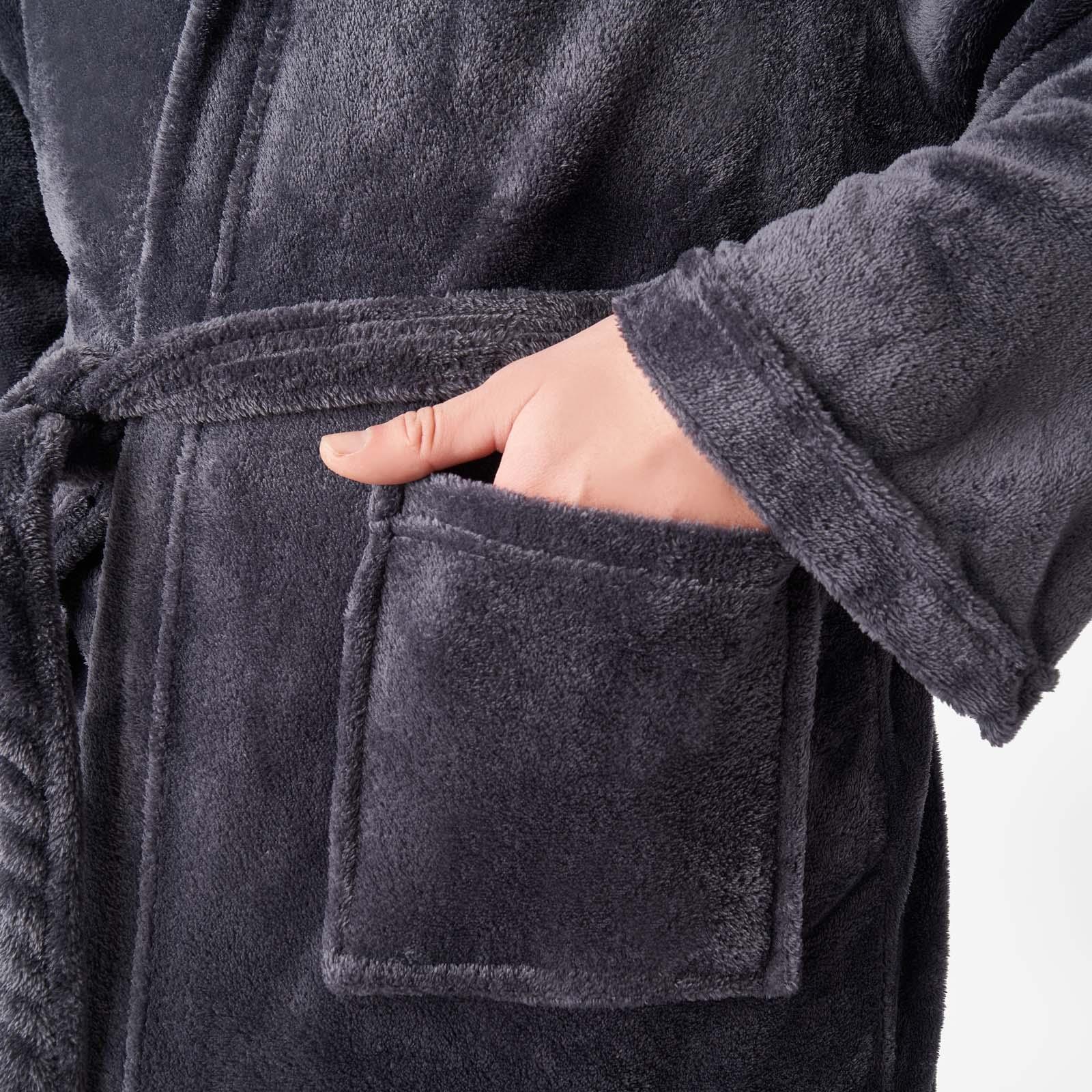 OHS Mens Dressing Gown Long Hooded Soft Flannel Fleece Sherpa Bathrobe Lounge