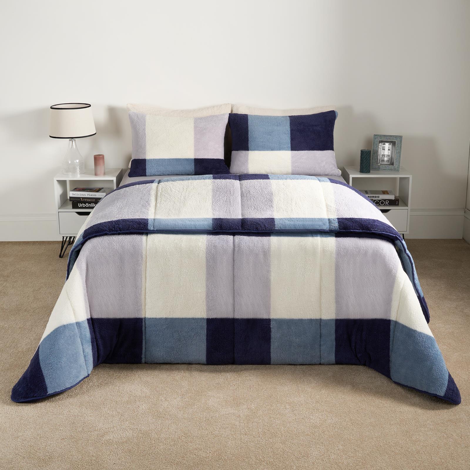 OHS Check Coverless Duvet Pillowcase Bedding Set Teddy Fleece Gingham 10.5 TOG