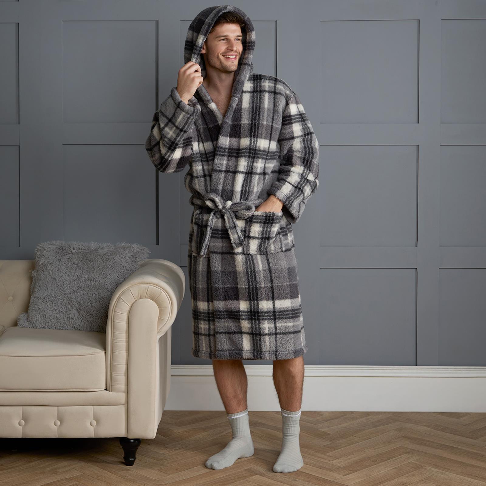 OHS Teddy Dressing Gown Tartan Check Soft Unisex Hooded Xmas Loungewear Robe