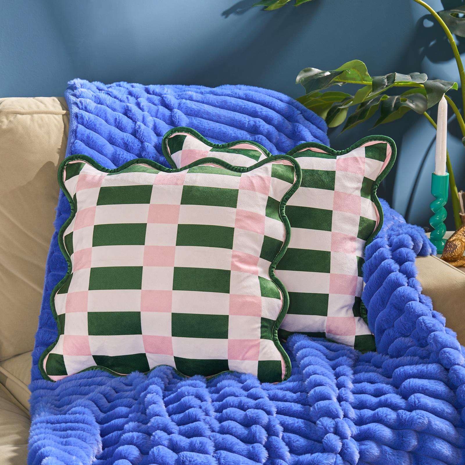OHS Checkerboard Cushion Covers Scallop Edge Matte Velvet Square Pillowcases