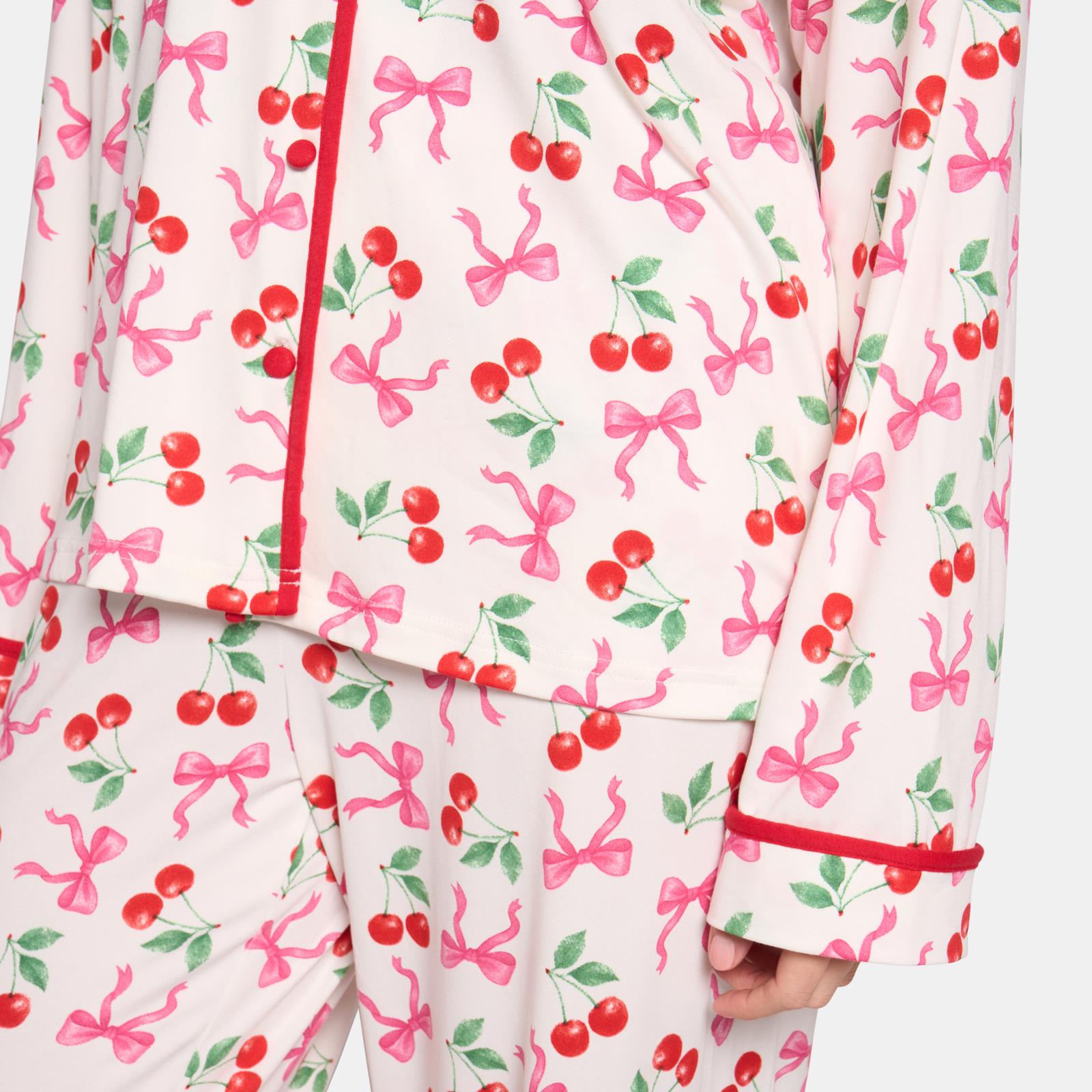 OHS Bows Pyjama Set Womens Jersey Button Through Soft Nightwear Loungewear