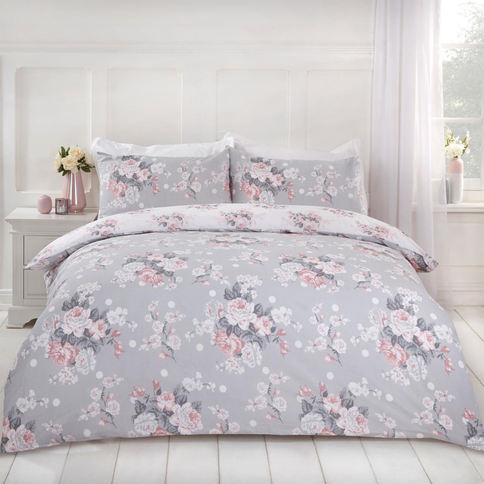 Dreamscene English Rose Duvet Cover with Pillow Case Bedding Set, Grey