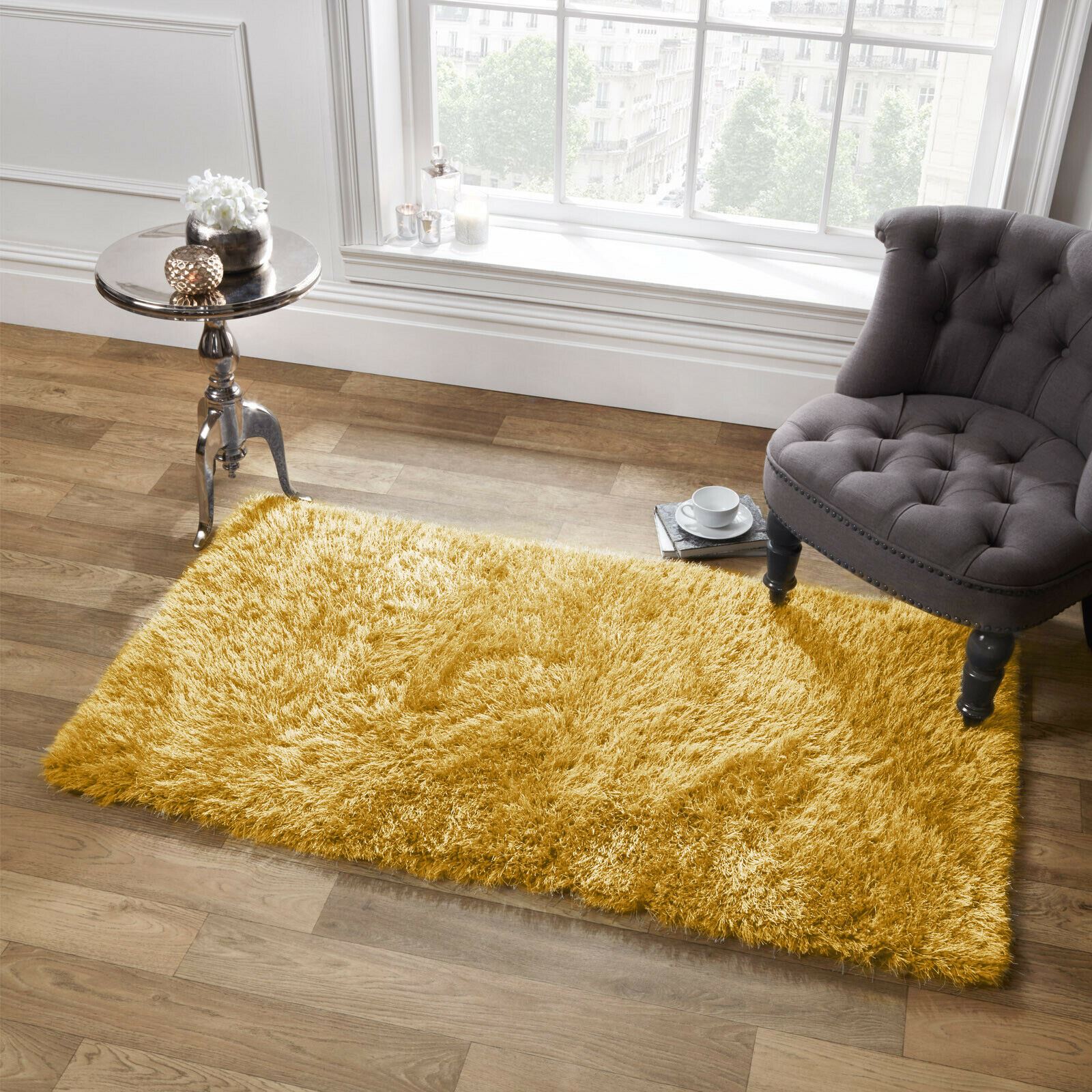 Sienna Shaggy Floor Rug Large Soft Sparkle Thick 5cm Pile Ochre Yellow
