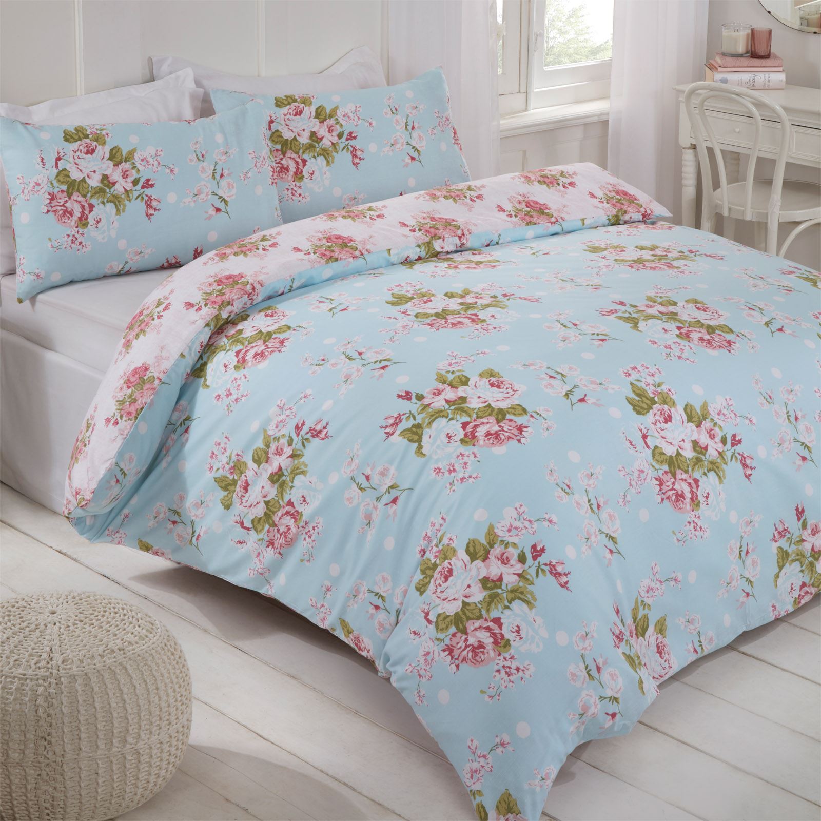 Dreamscene English Rose Duvet Cover with Pillow Case Bedding Set, Grey