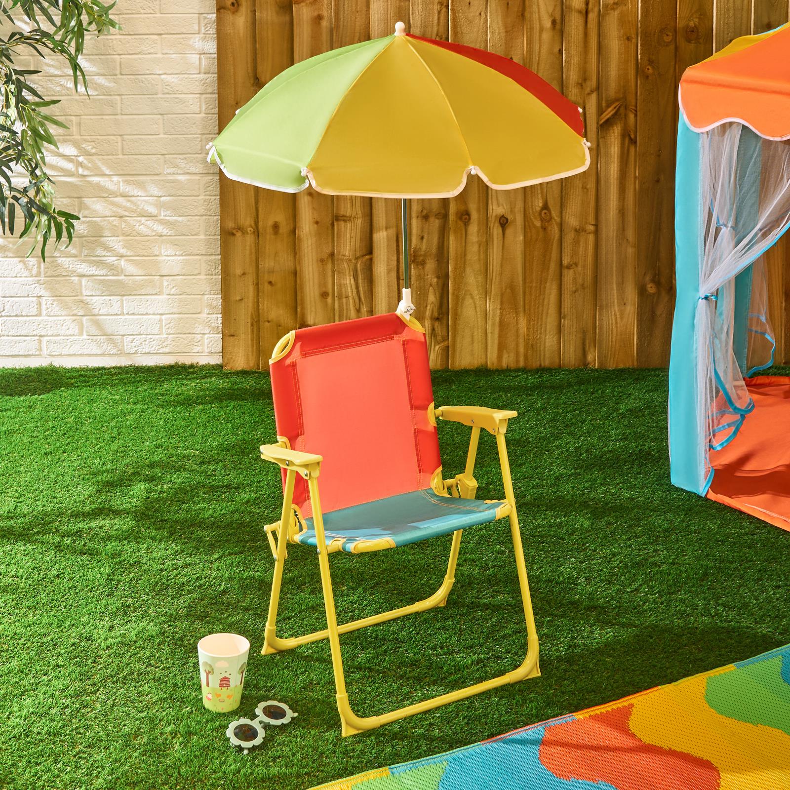 OHS Kids Camping Chair Parasol Set Colour Block Outdoor Garden Folding Seat