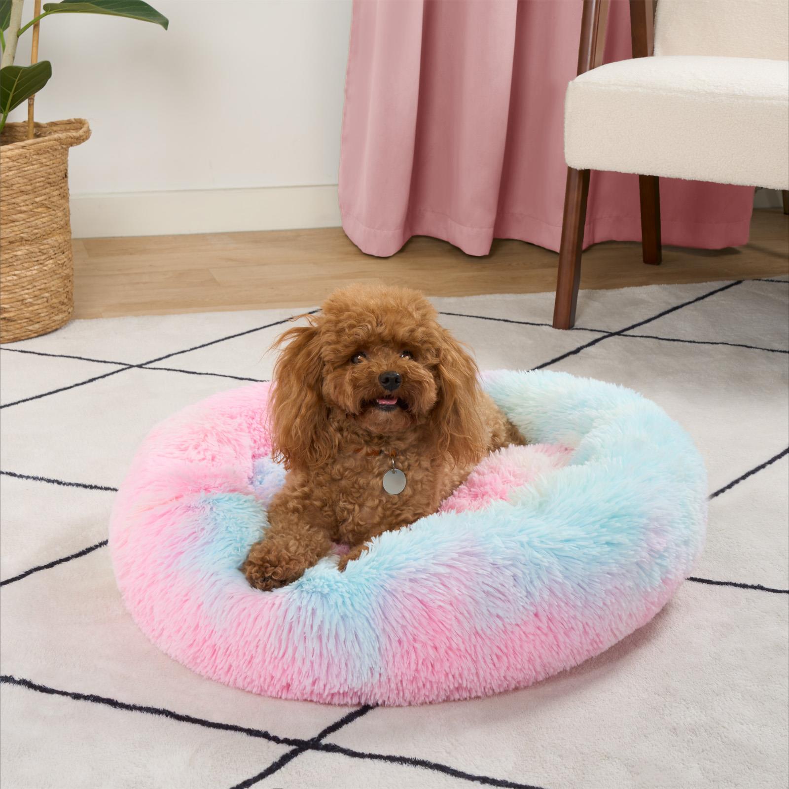 OHS Pet Bed Calming Fluffy Plush Fleece Dog Anti Anxiety Round Donut Washable