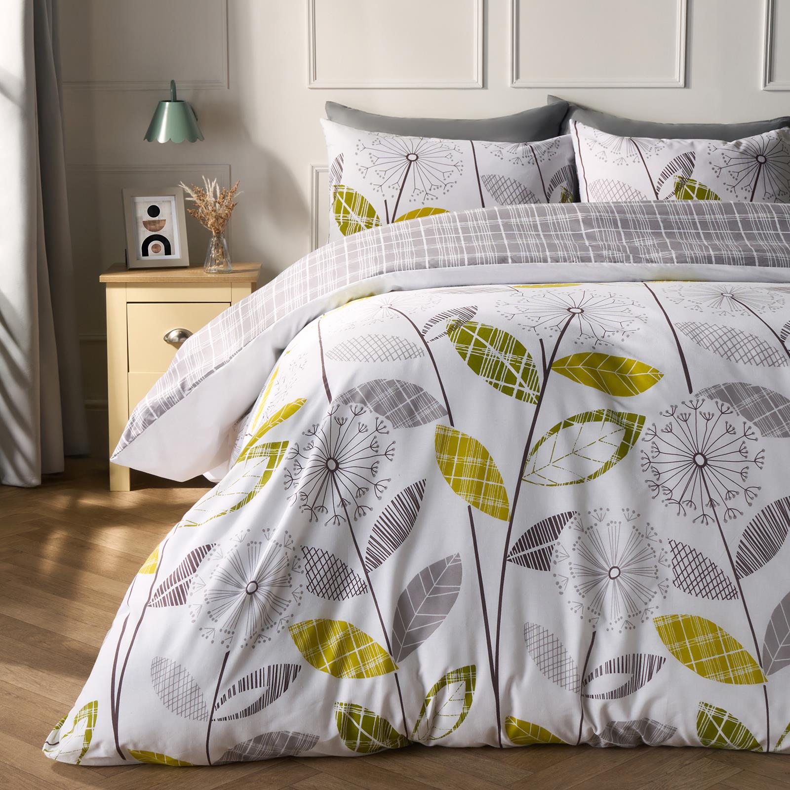 OHS Allium Duvet Cover with Pillowcase Reversible Check Bedding Set Grey