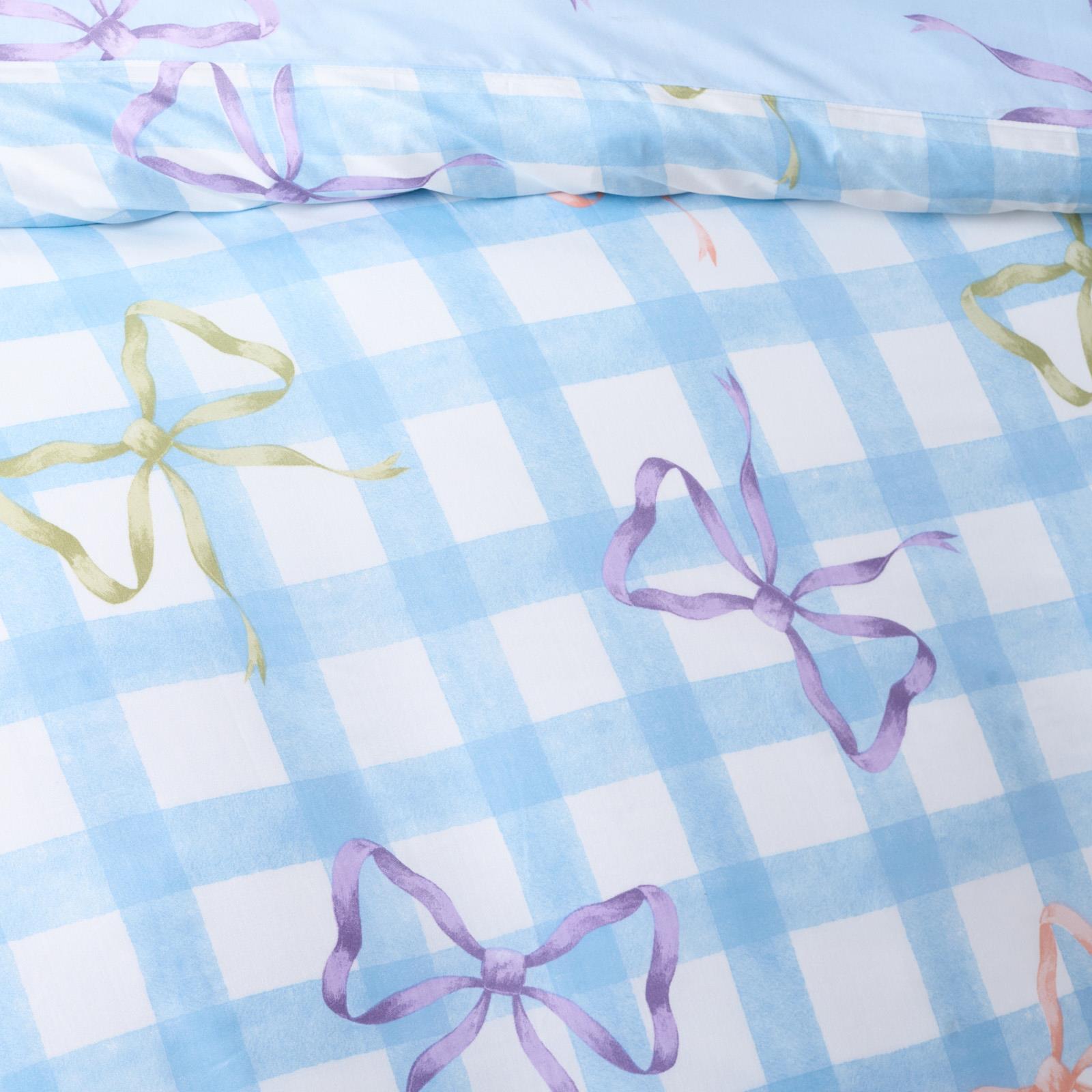 OHS Bow Gingham Bedding Set Microfibre Reversible Duvet Cover with Pillowcase