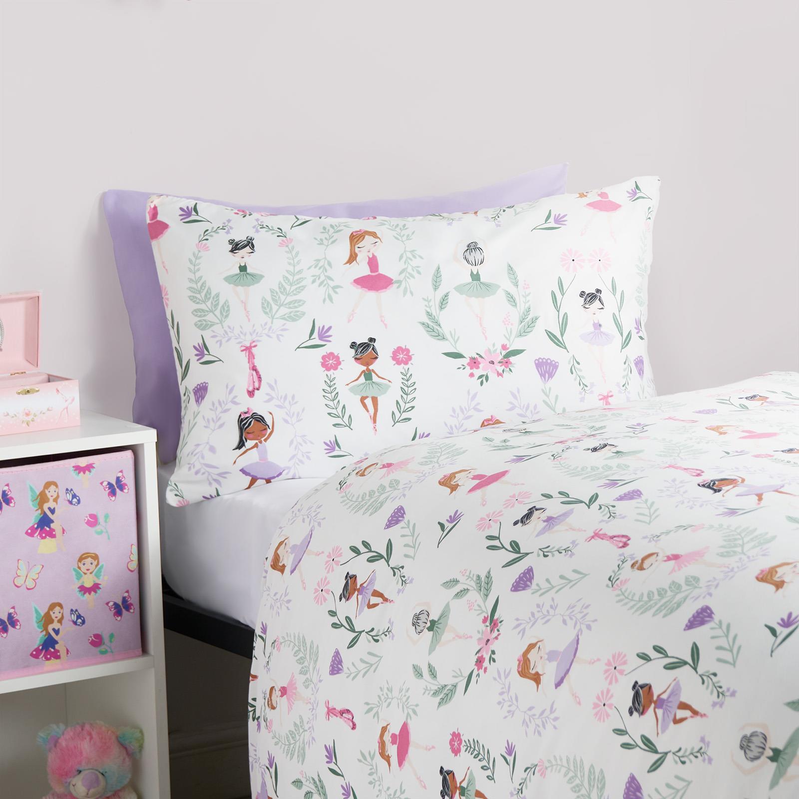 Reversible Duvet Cover Set Kids Ballerina Soft Floral Quilt Pillowcases Bedding