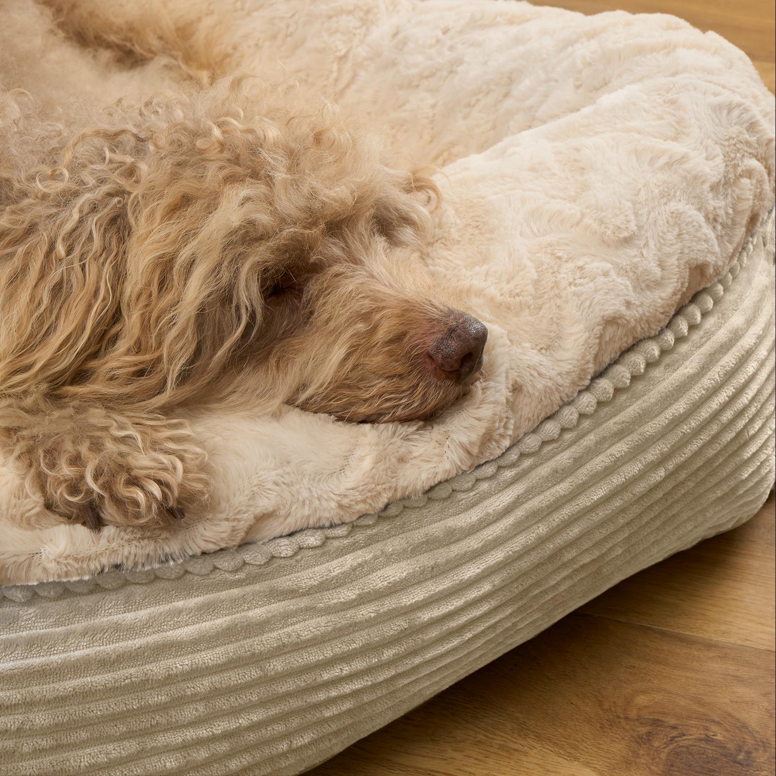 Dog Bed Washable Plush Soft Faux Fur Fleece Ribbed Pet Basket Cushion Warm Cosy