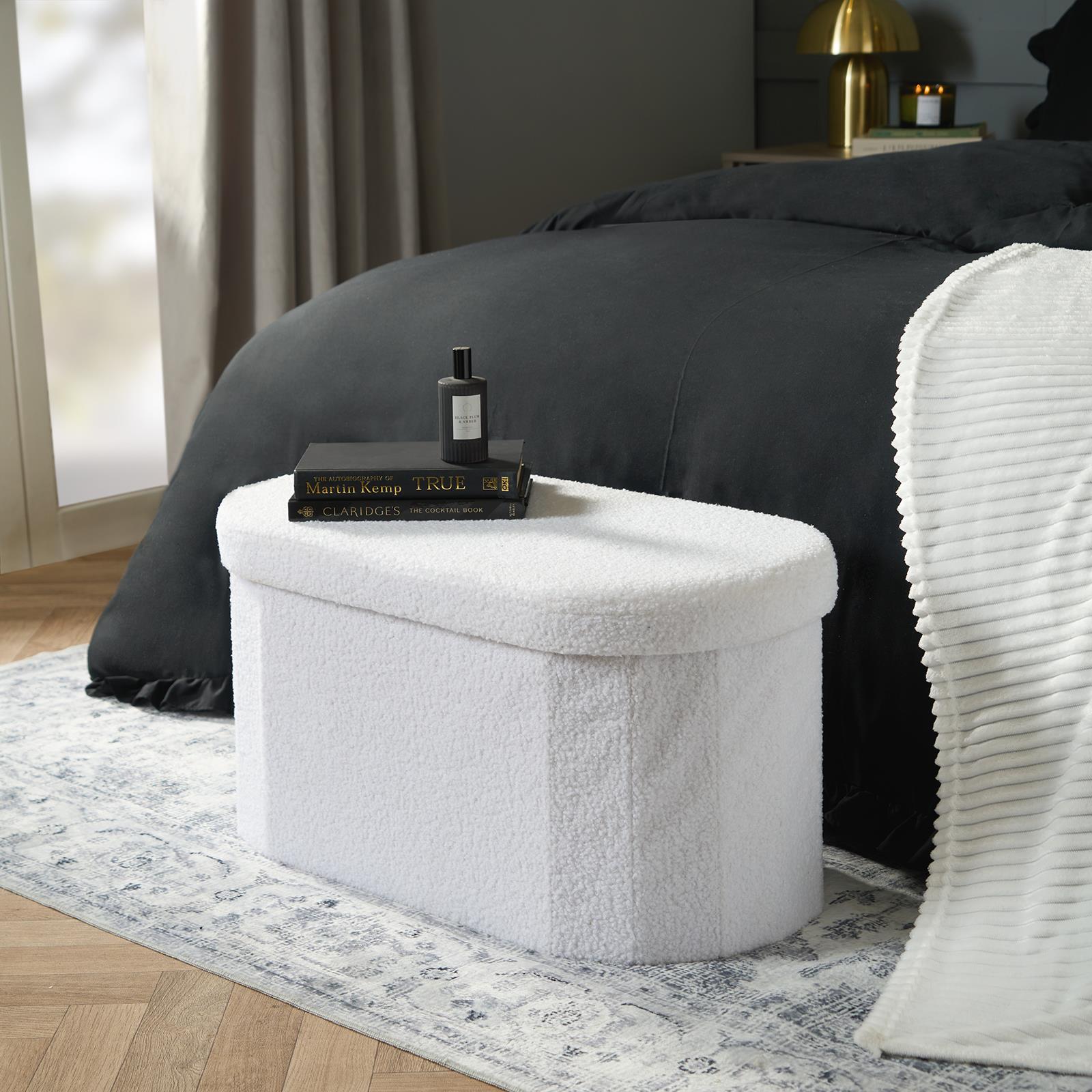 Ottoman Storage Box Folding Footstool Space Saving Boucle Teddy Fleece Seat Tub - Picture 18 of 34