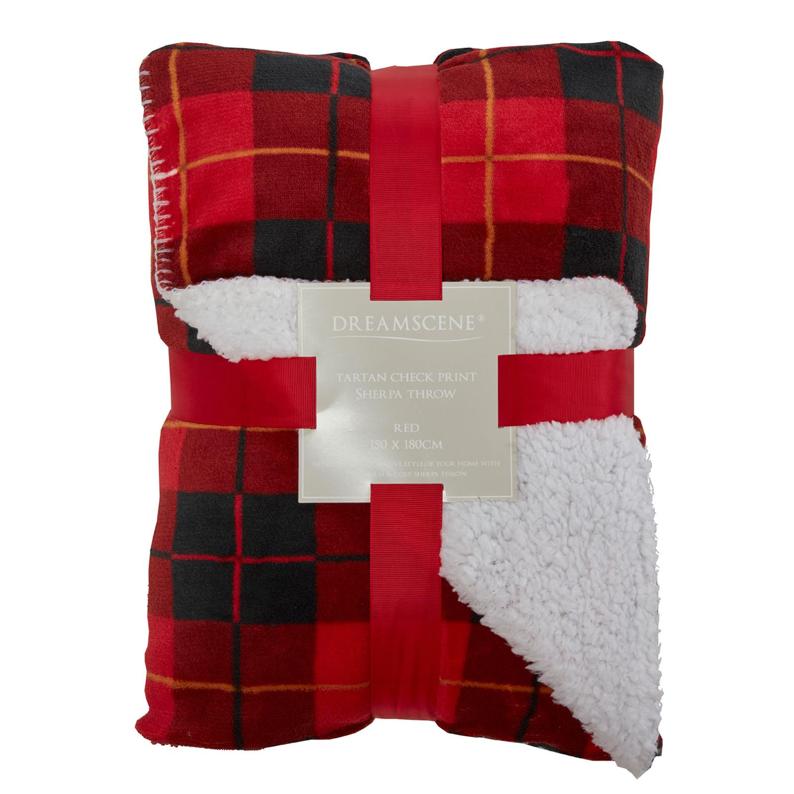 OHS Large Tartan Sherpa Flannel Fleece Throw Over Bed Blanket Check Red