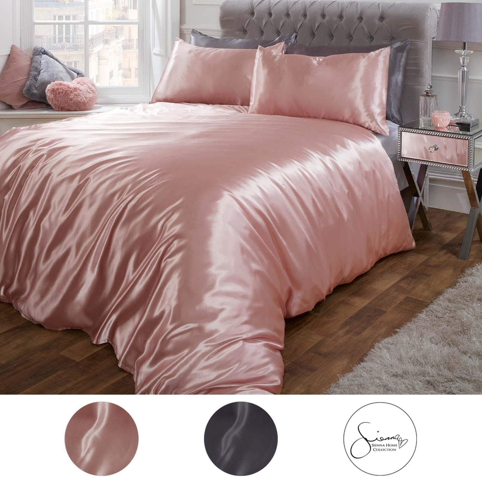 Sienna Luxury Silk Satin Duvet Cover with Pillowcases Bedding Set, Blush Silver | eBay