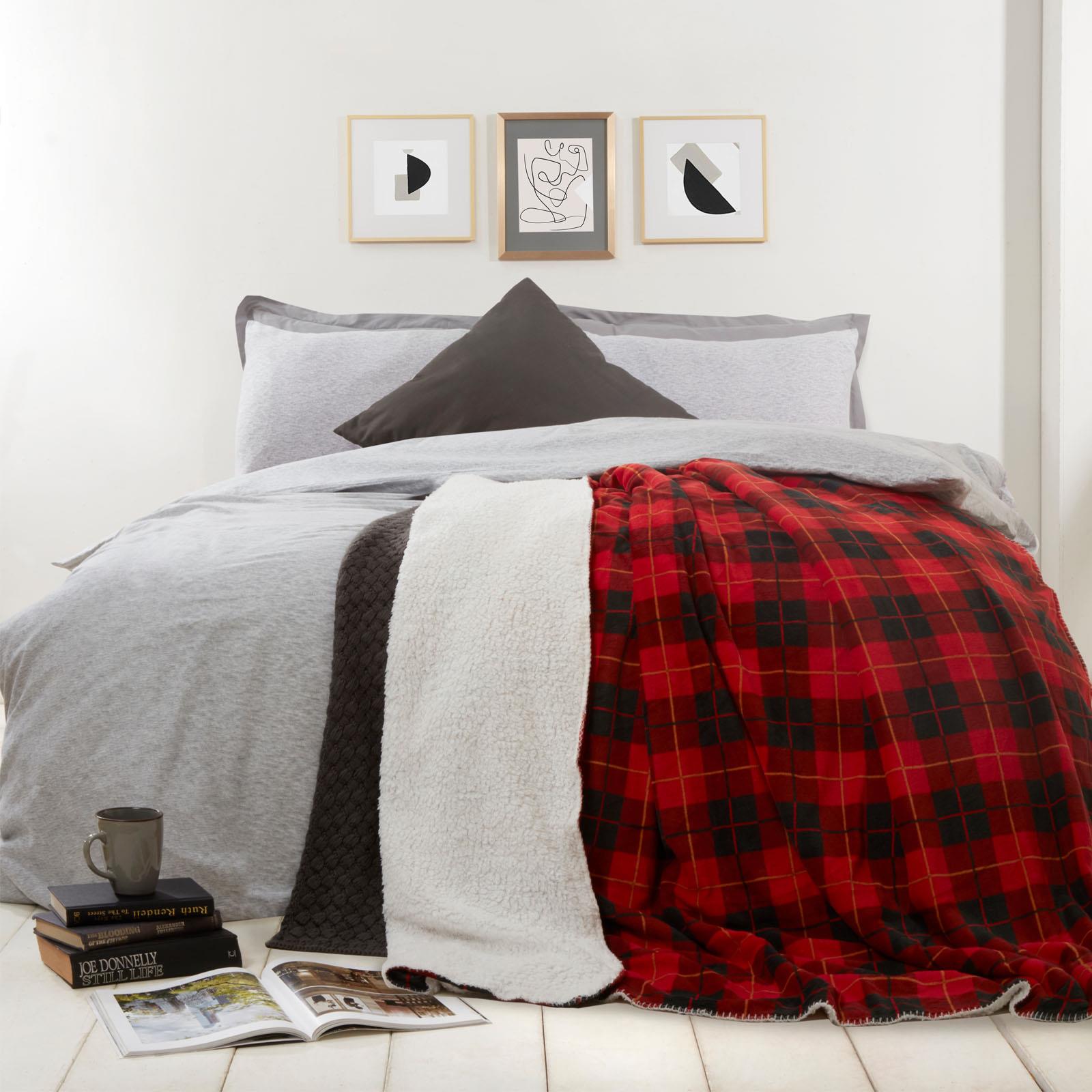 OHS Large Tartan Sherpa Flannel Fleece Throw Over Bed Blanket Check Red