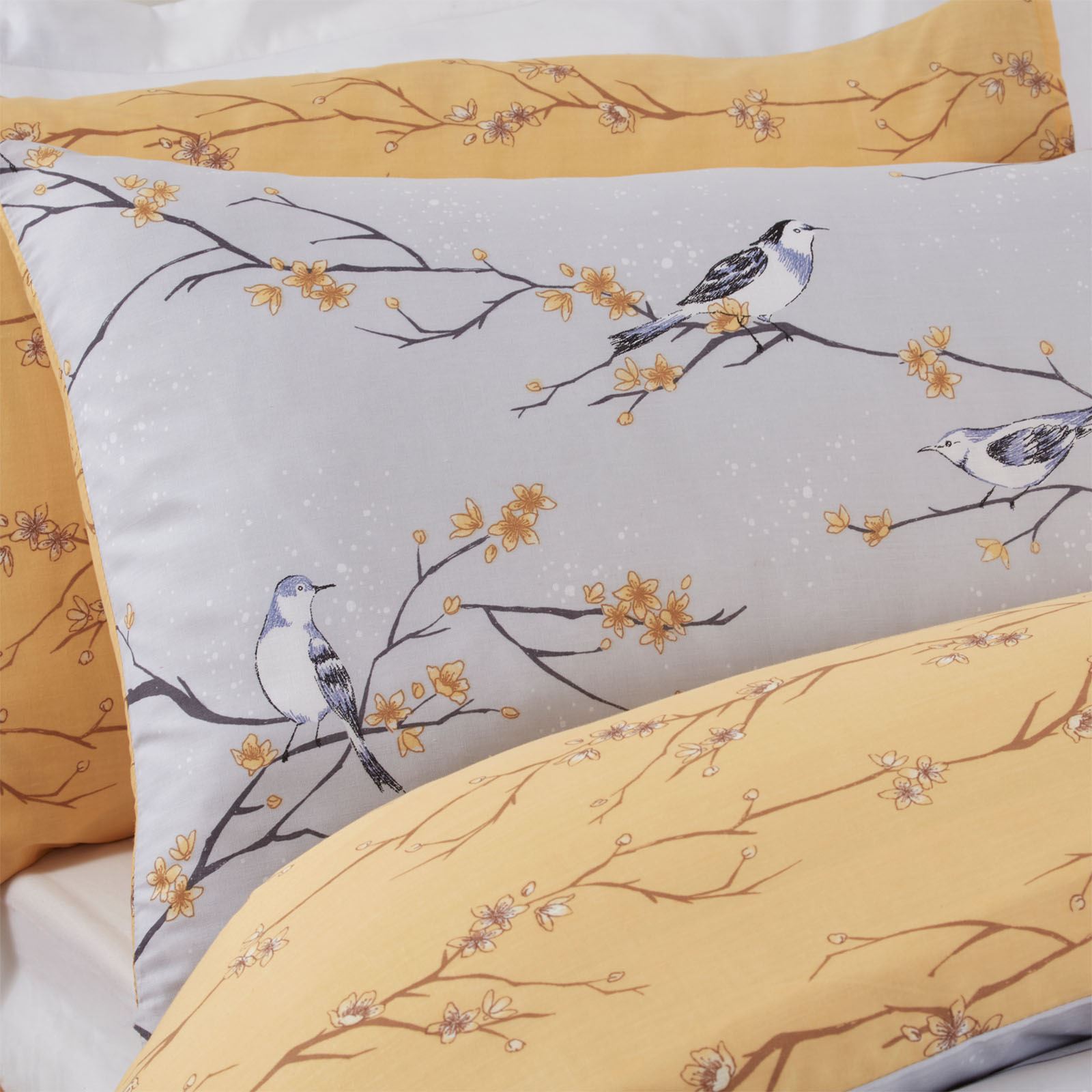Dreamscene Blossom Bird Quilt Cover with Pillowcase Bedding Set Grey Blush Ochre