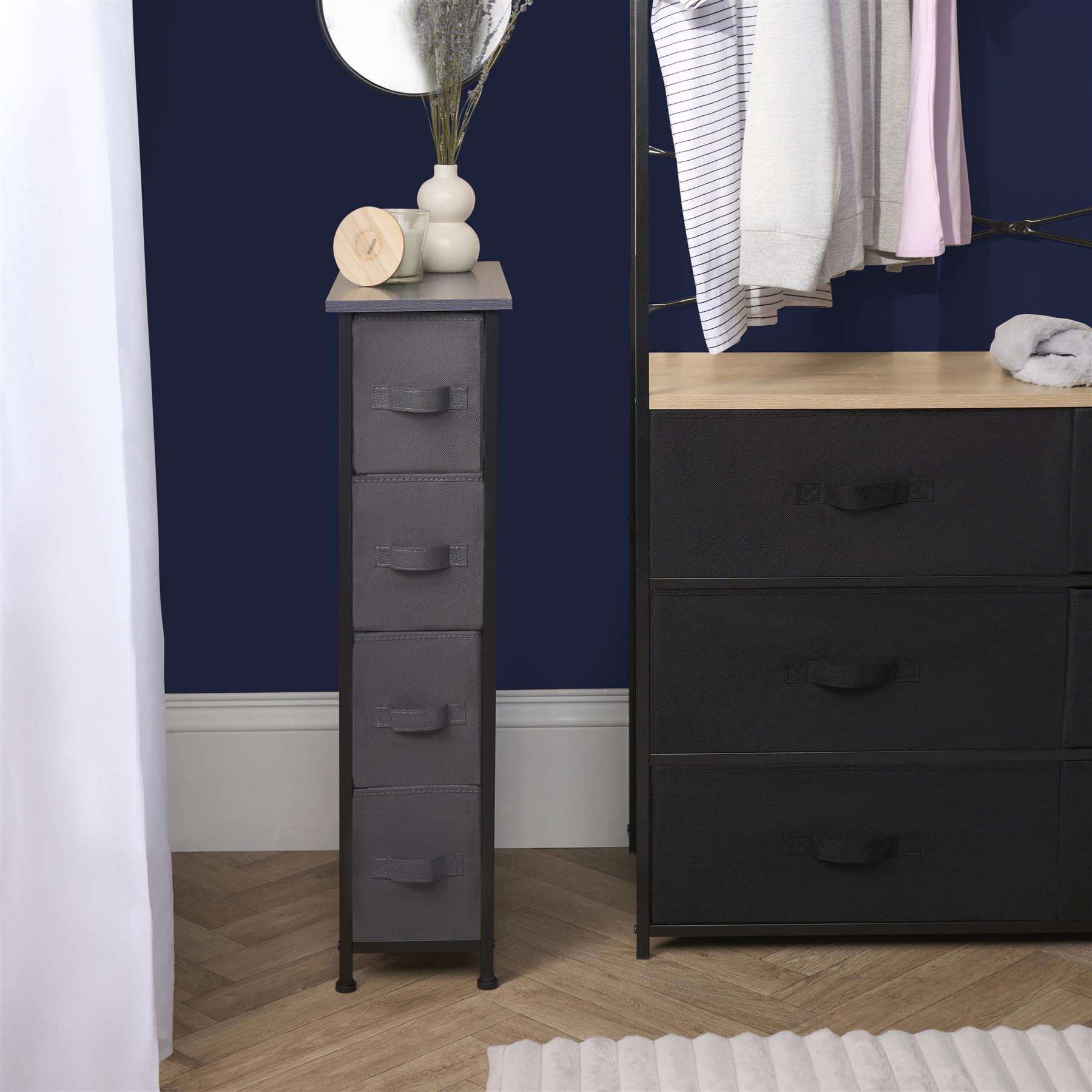 Narrow 4 Drawer Storage Cabinet Bedside Table Unit Clothes Home Fabric Organiser