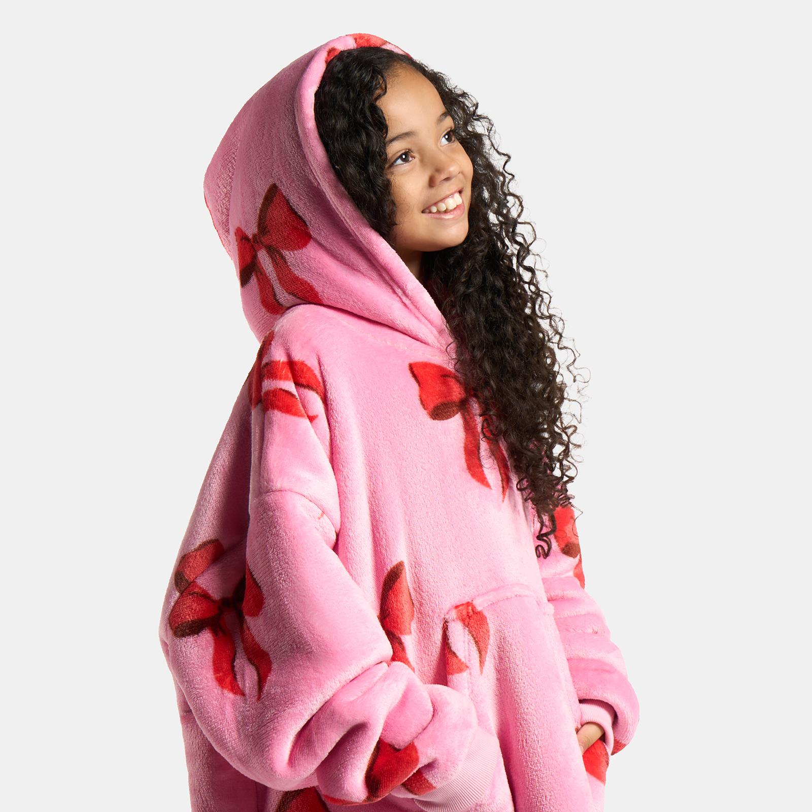 OHS Bows Print Hooded Blanket Adult Kids Sherpa Lined Winter Family Hoodie