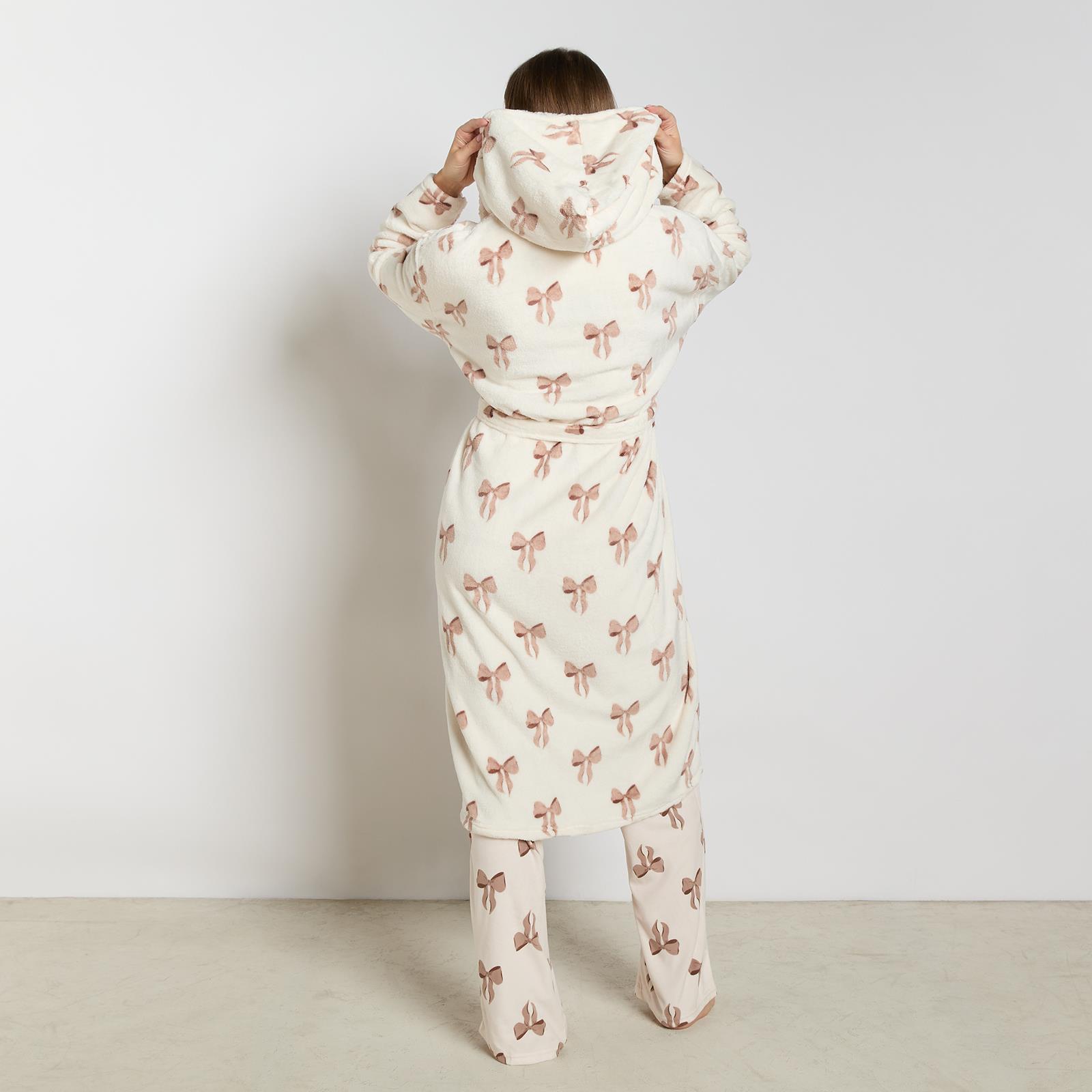 OHS Bows Dressing Gown Flannel Winter Sherpa Lined Loungewear Hooded Bathrobe