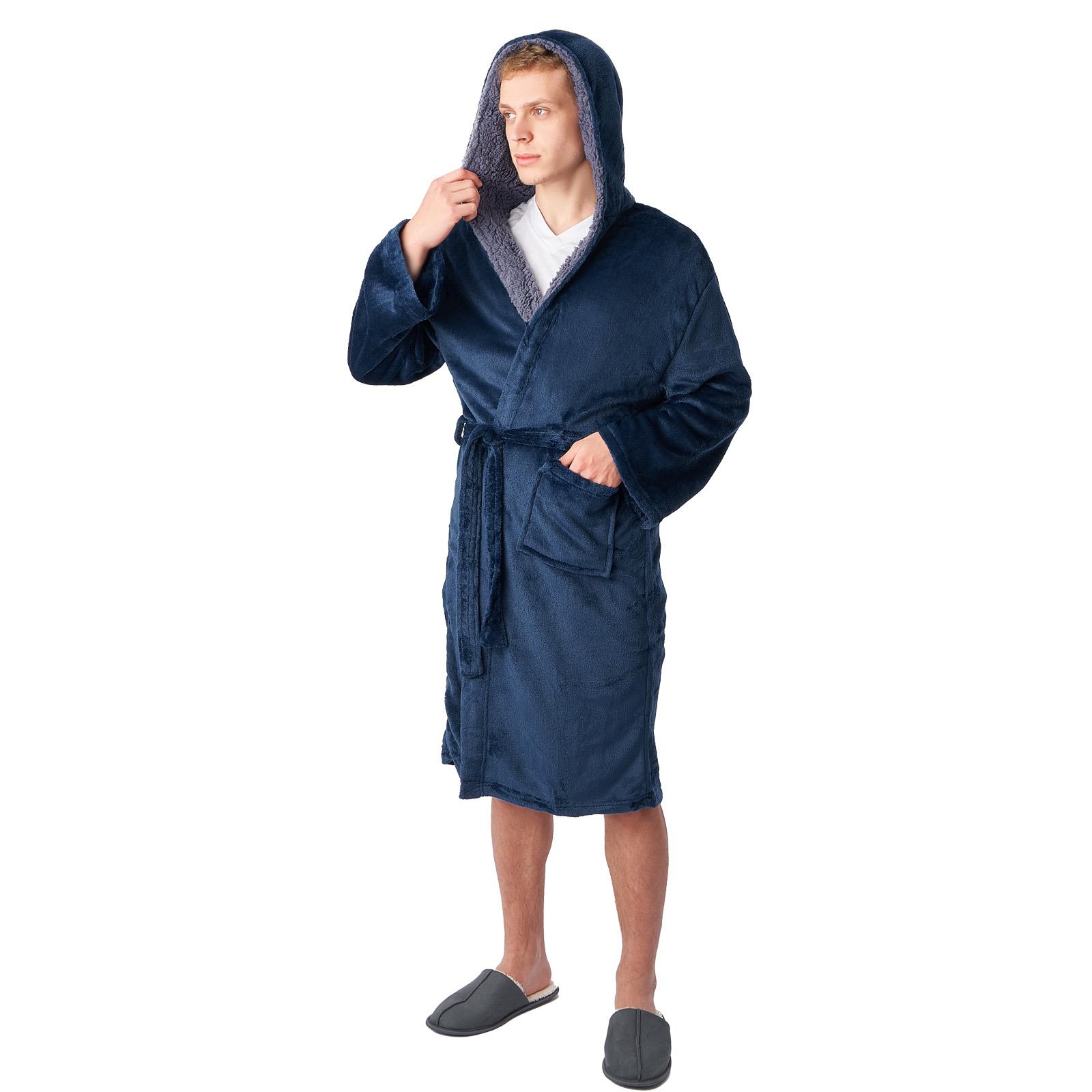 Sienna Mens Dressing Gown Long Hooded Soft Flannel Fleece Sherpa