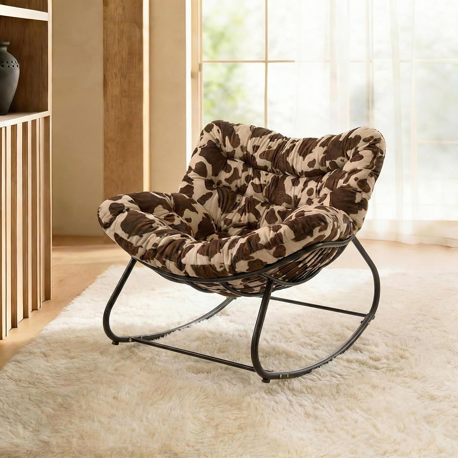 OHS Rocking Chair Ribbed or Smooth Faux Fur Upholstered Metal Frame Cushioned