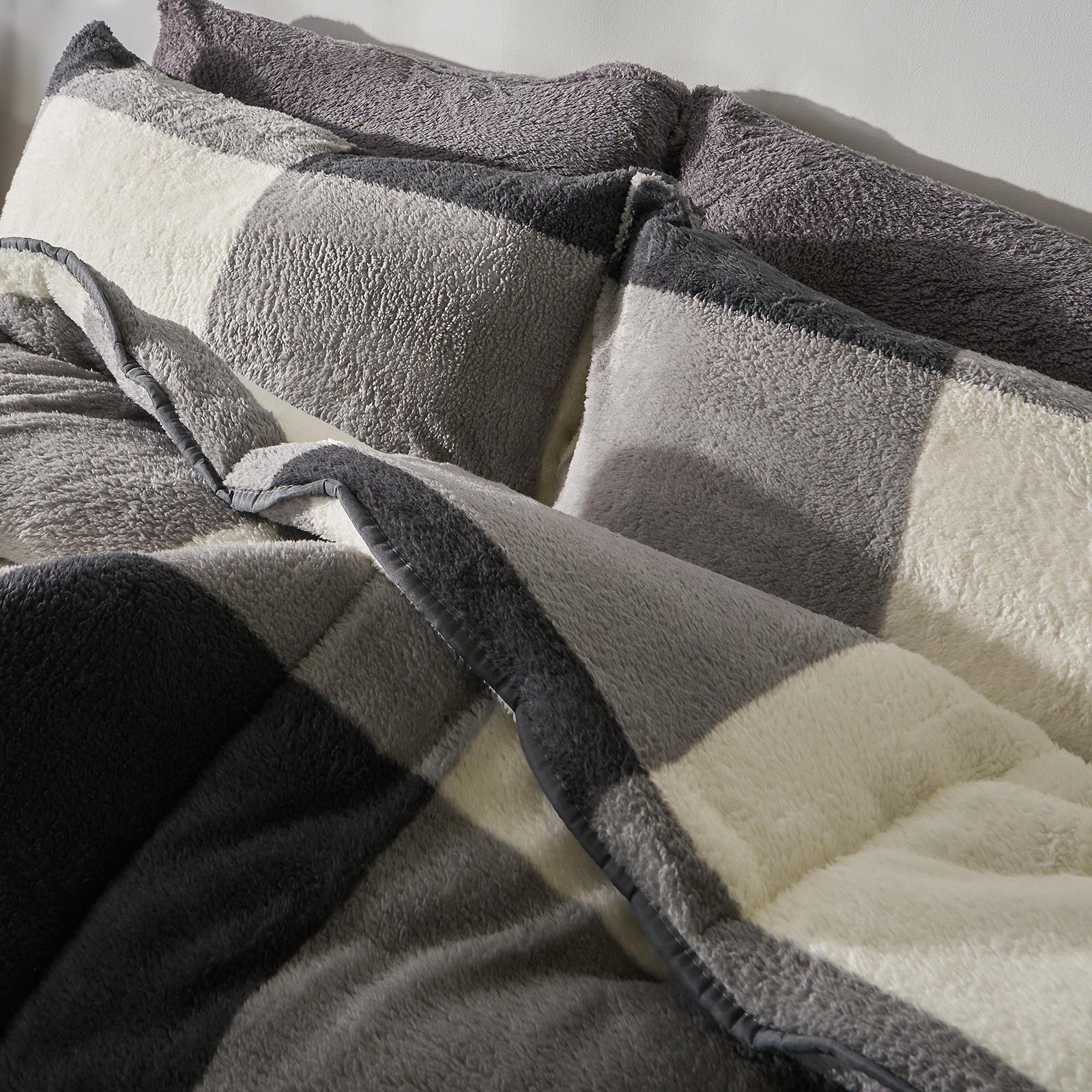 OHS Check Coverless Duvet Pillowcase Bedding Set Teddy Fleece Gingham 10.5 TOG