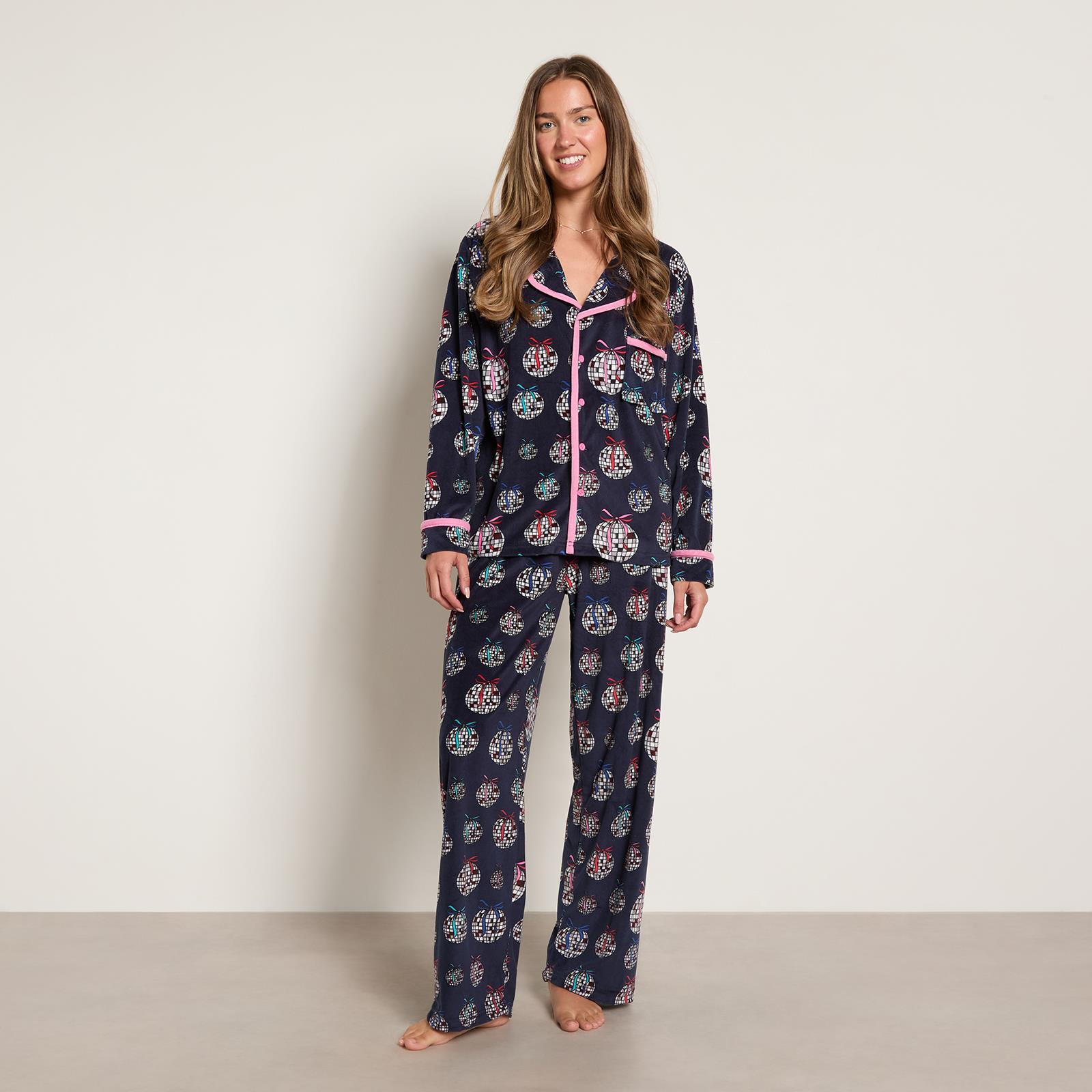 OHS Matte Velvet Pyjama Set Festive Piped Button Through Nightwear PJs