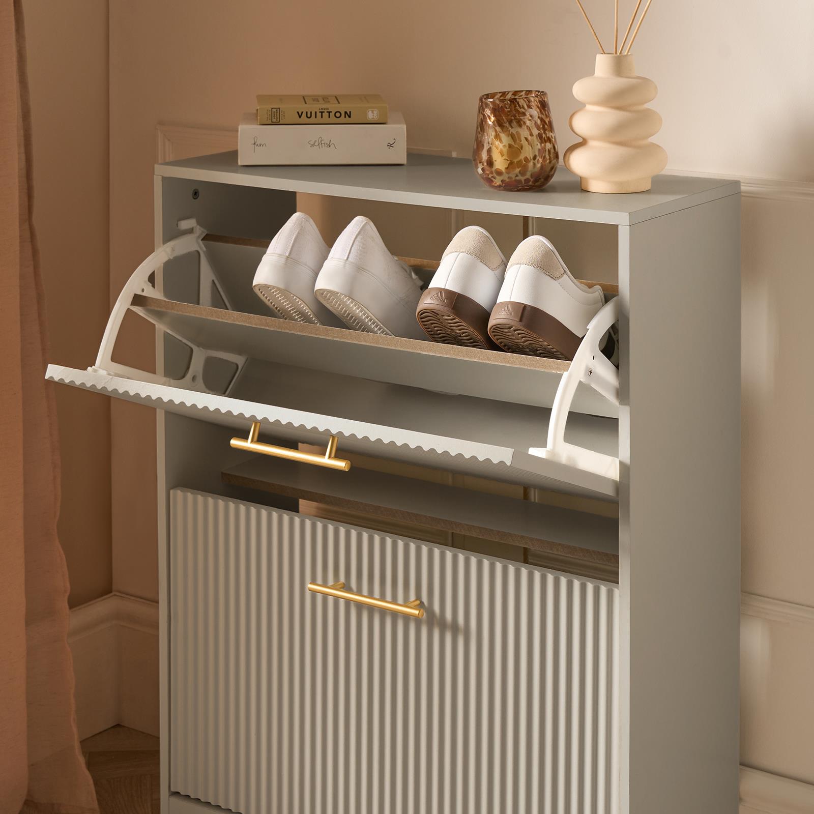 OHS Ribbed Shoe Rack 2 Drawer Wooden Cabinet Shoes Organiser Stand Holder