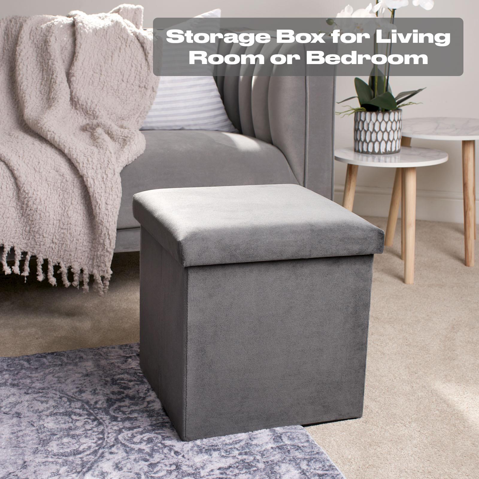 OHS Folding Ottoman Storage Box Footstool Tub Space Saving Velvet Seat