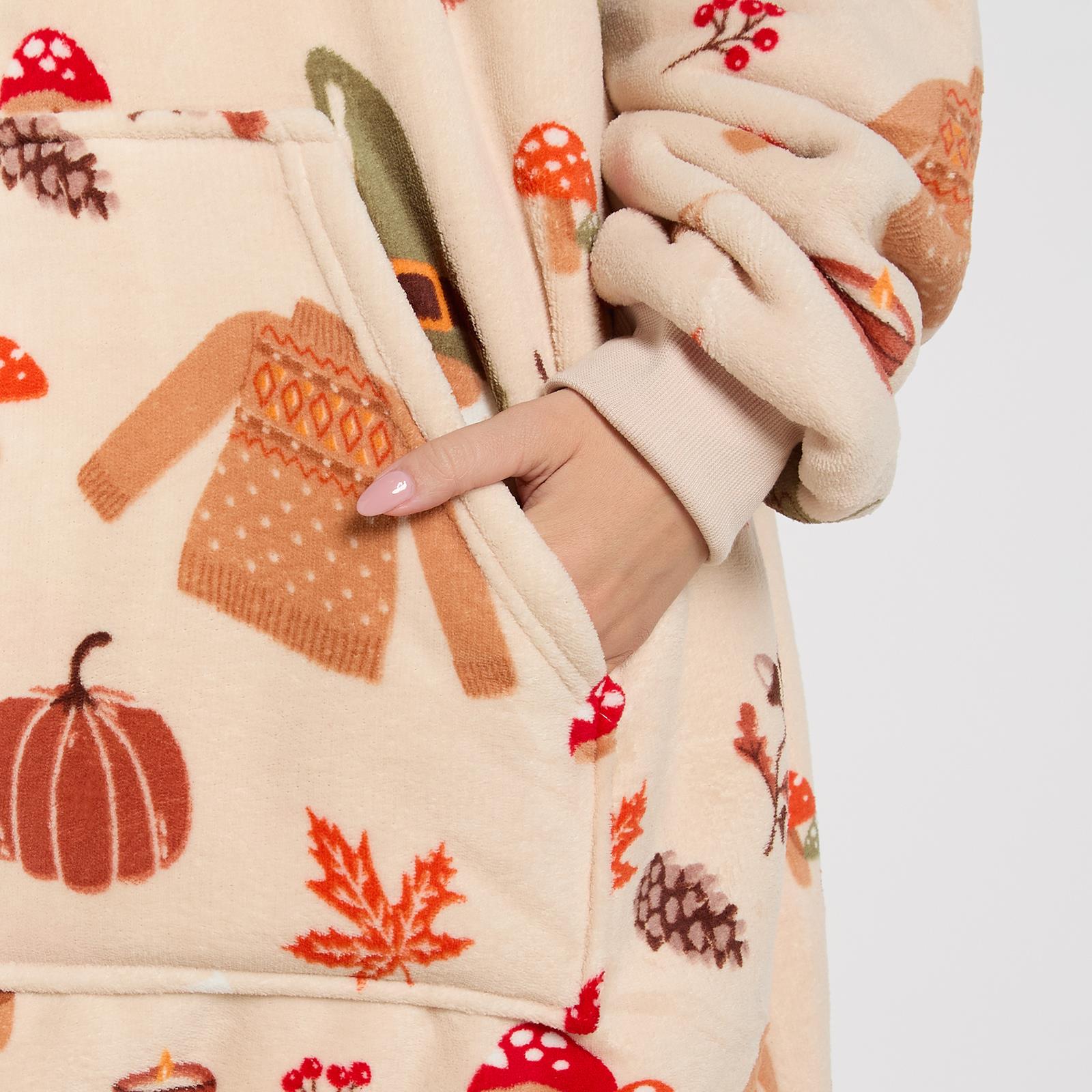OHS Autumn Hoodie Blanket Pumpkin Prints Fleece Wearable Throw Sherpa