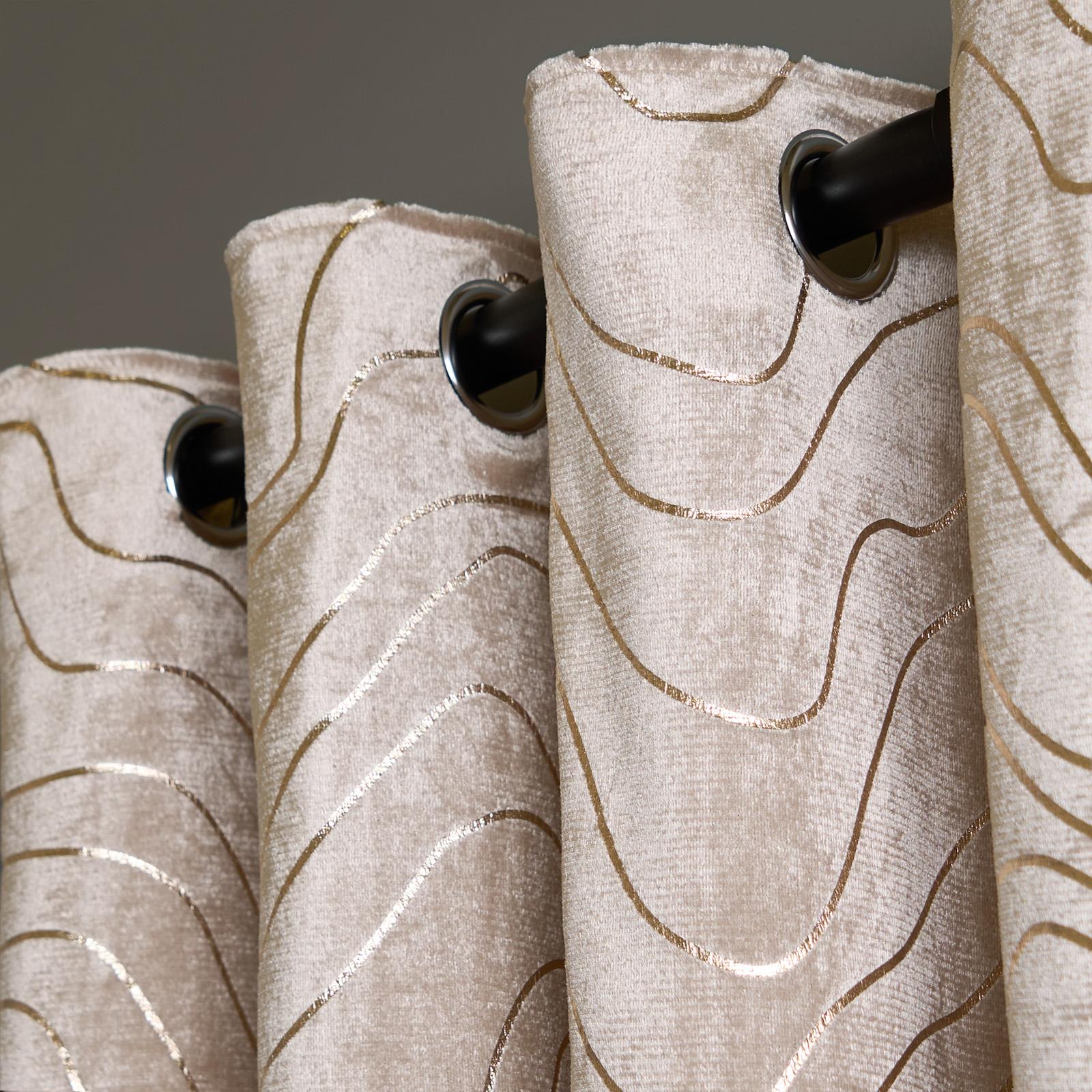 Velvet Eyelet Curtains Metallic Foil Wave Pair of Ring Top Thermal Ready Made