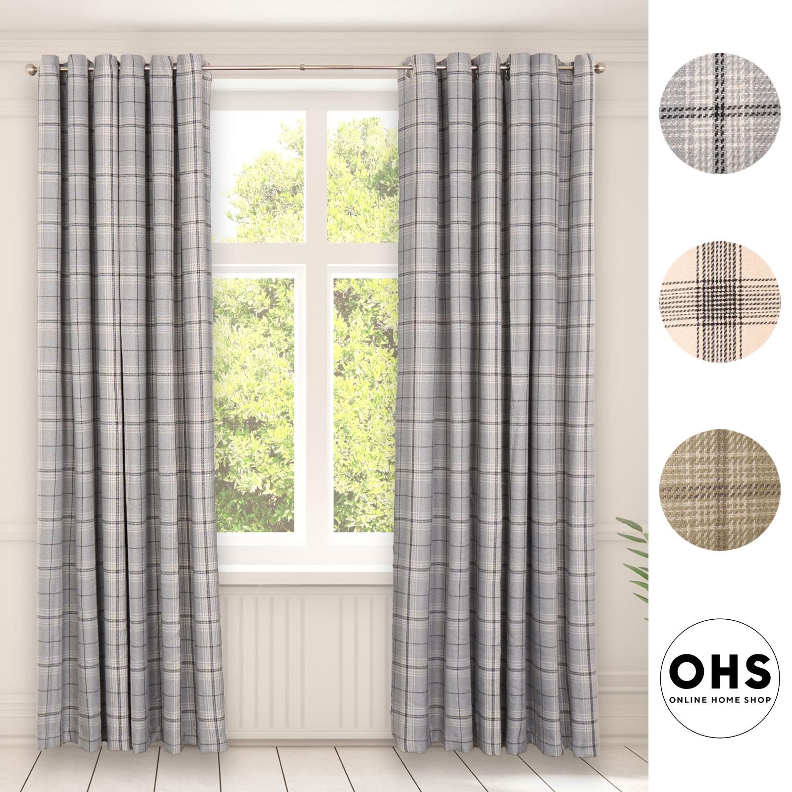 OHS Check Eyelet Curtains Pair Thermal Ring Top Textured Woven Ready Made