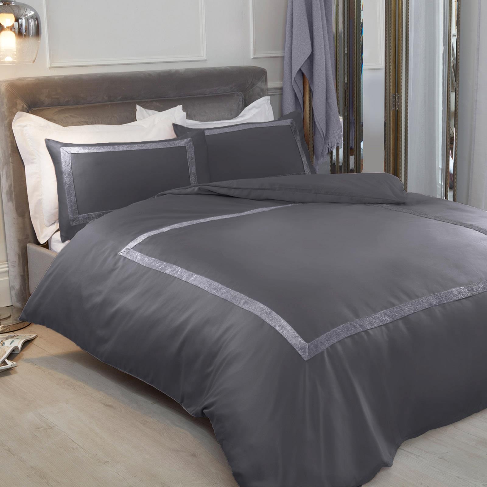 Sienna Crushed Velvet Border Duvet Cover with Pillowcase Bedding Set Grey Blush eBay