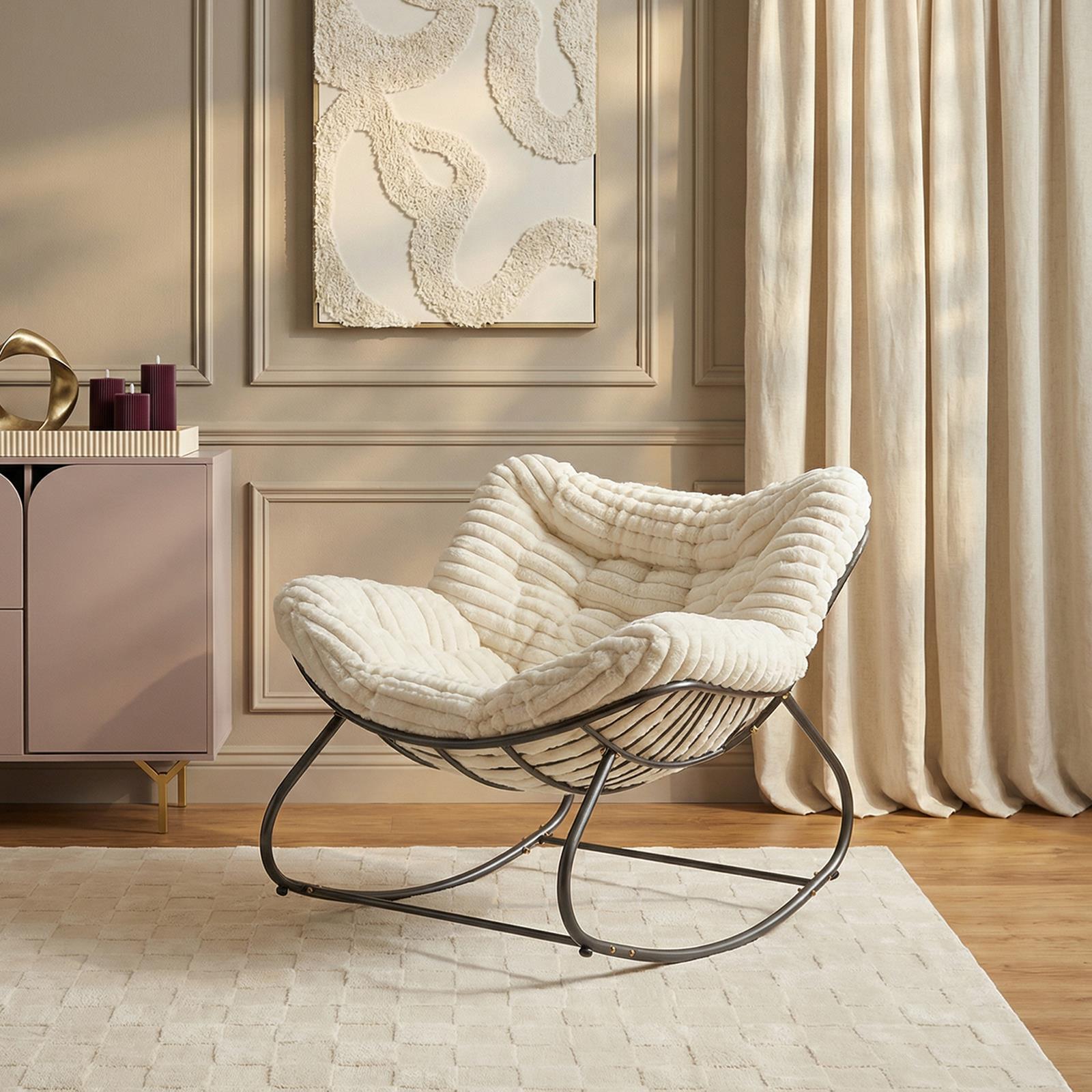OHS Rocking Chair Ribbed or Smooth Faux Fur Upholstered Metal Frame Cushioned