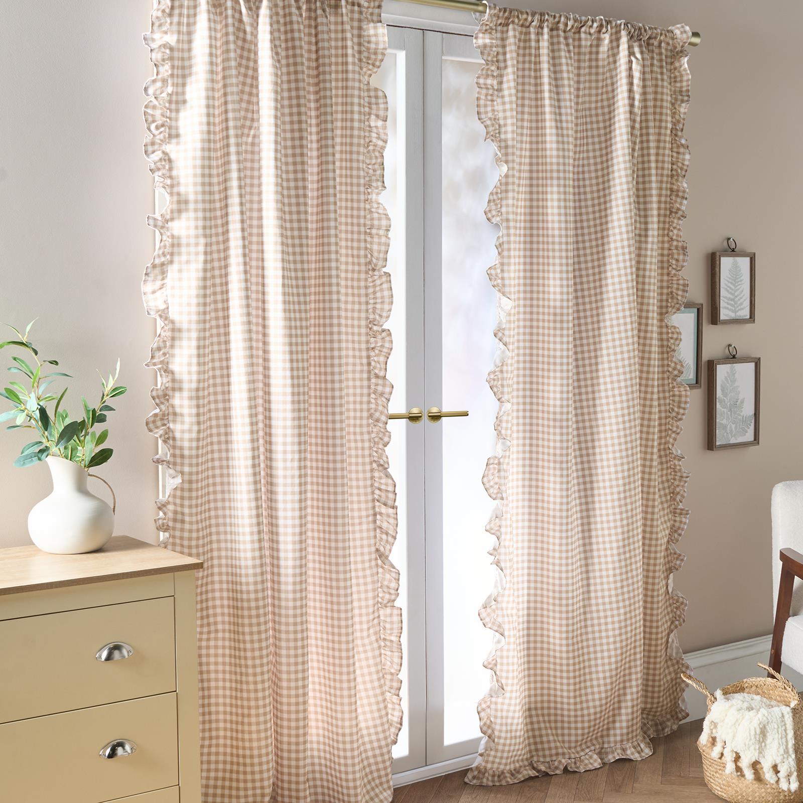 OHS Gingham Frill Voile Net Curtains 2 Window Panels Sheer Rod Slot Top Pair Set