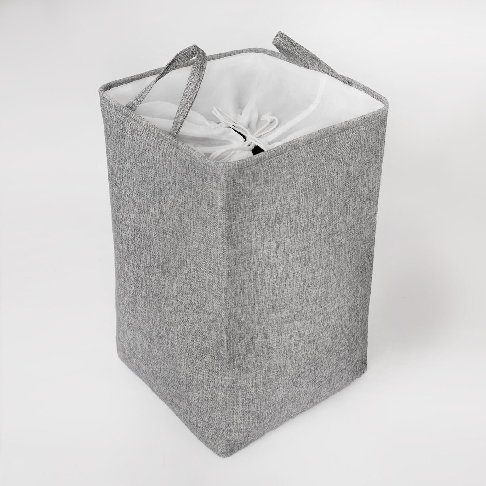 Laundry Basket Bag Foldable Drawstring Clothes Bin Organiser Faux Linen Handles