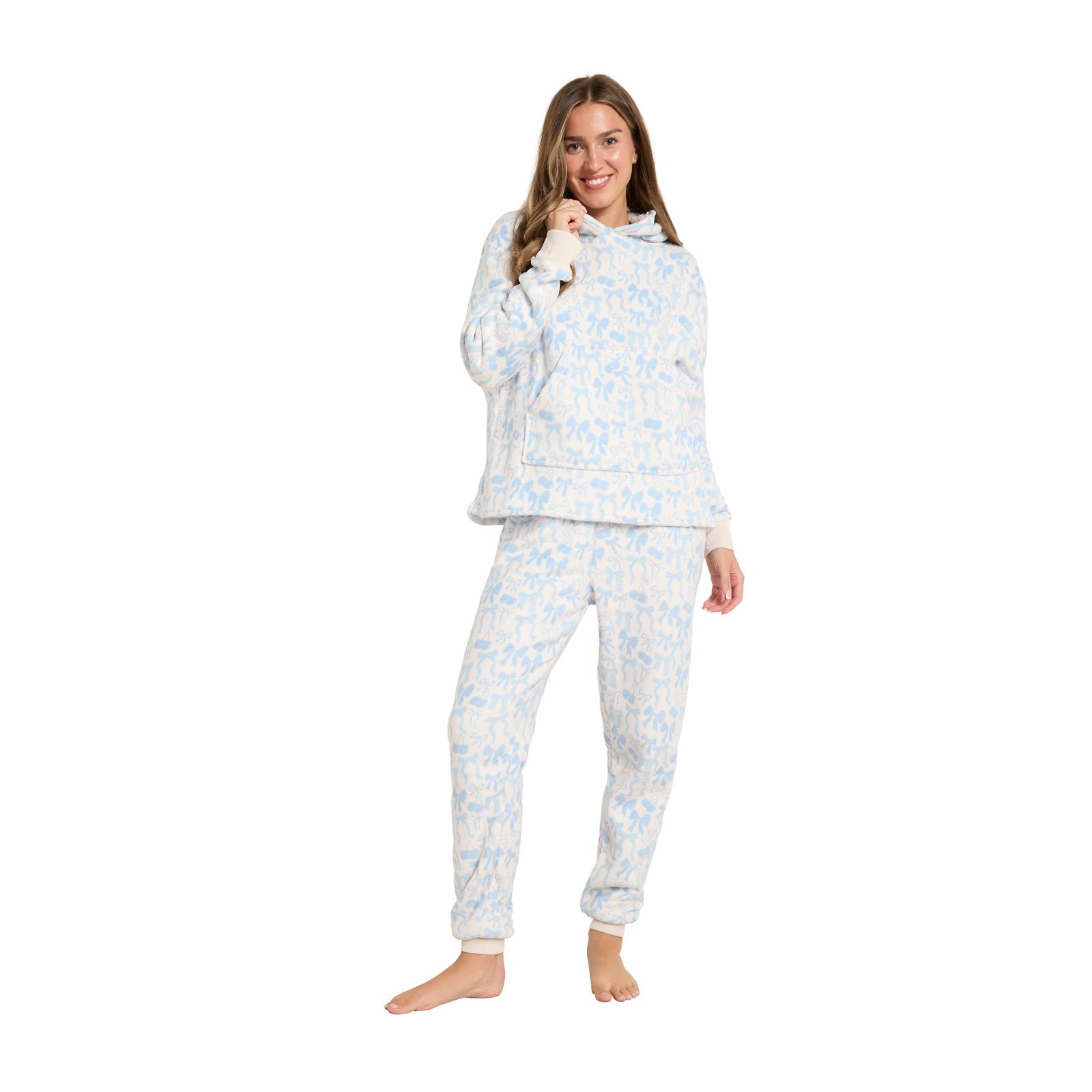 OHS Bow Print Loungewear Set Winter Sherpa Nightwear 2-Piece Hoodie Jogger Gift