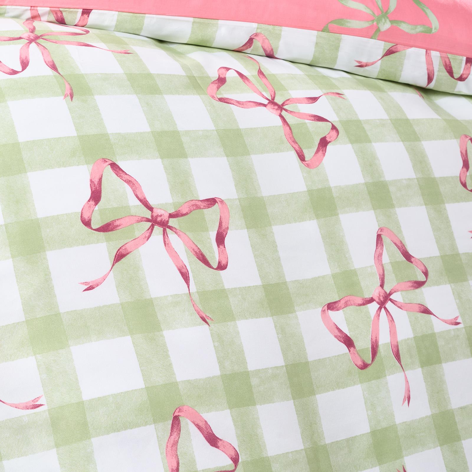 OHS Bow Gingham Bedding Set Microfibre Reversible Duvet Cover with Pillowcase