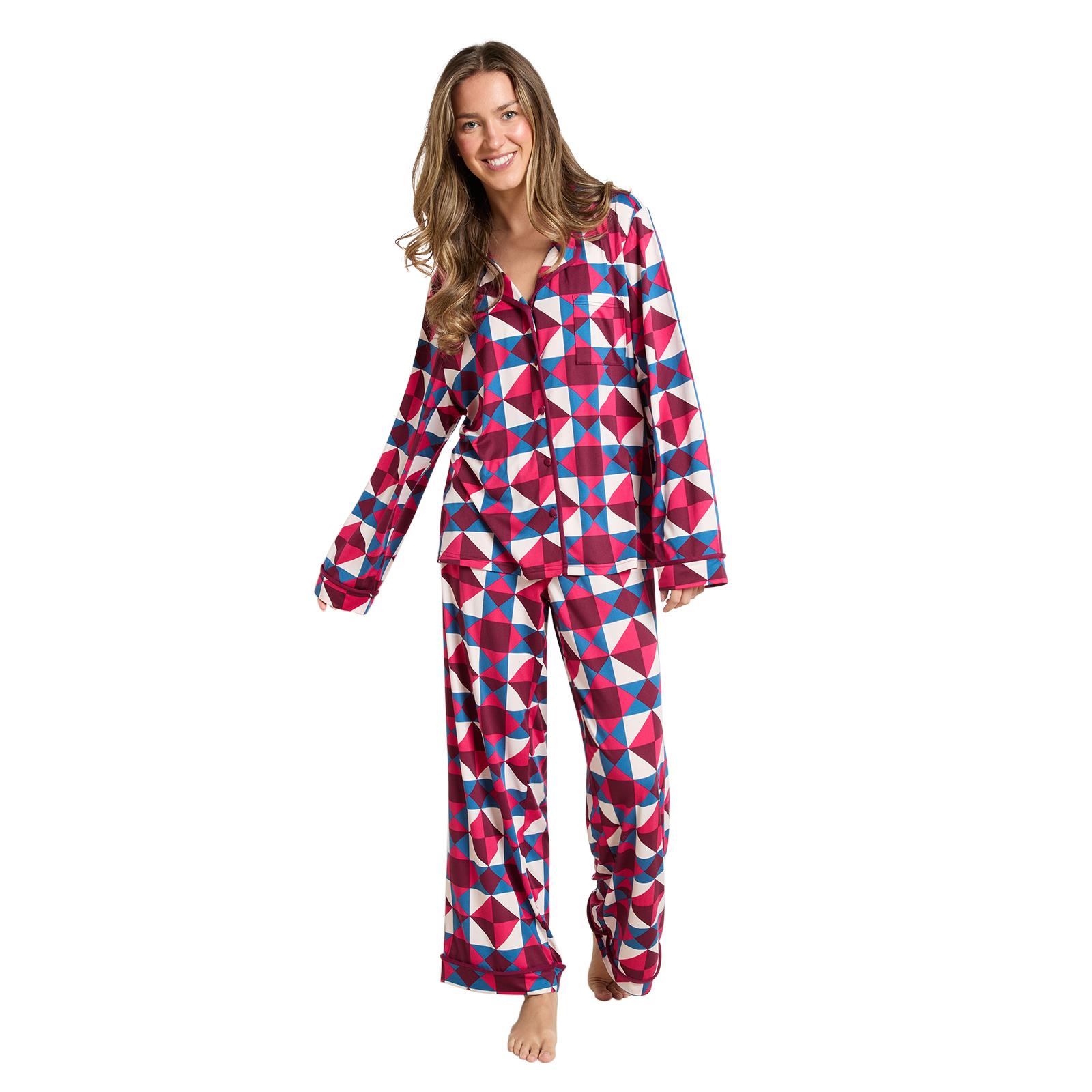 OHS Geo Print Pyjama Set Jersey Button Through Ultra Soft Nightwear Loungewear