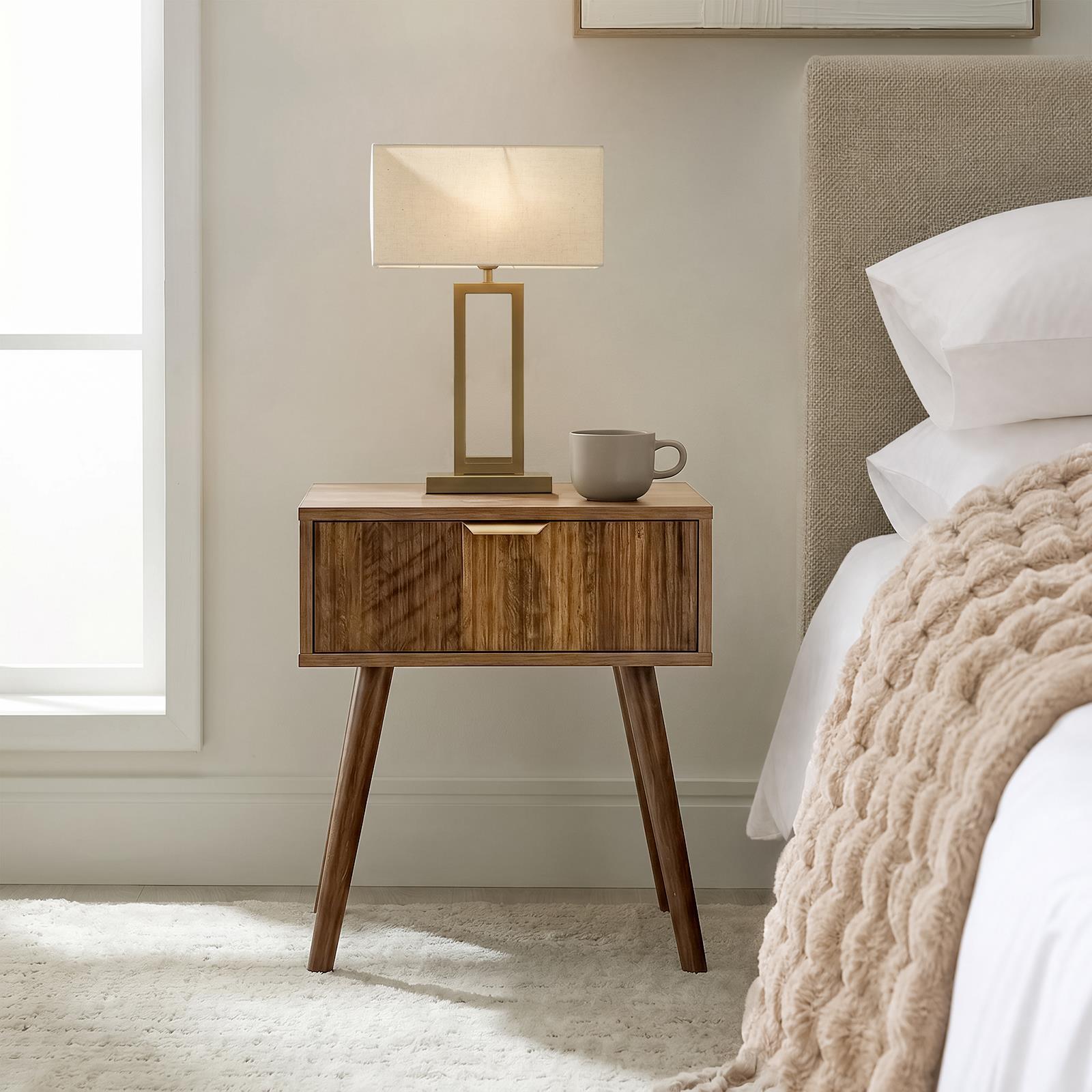 OHS Ribbed Bedside Nightstand 1 Drawer Storage Unit Wooden End Table